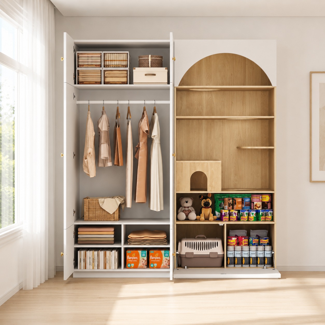 Armoire pour Chat Blanc et Bois, Mur d Escalade, Cachette Chat, Sans Coussin, Rangement - Particules et Bois - 180x50x200cm - Maison 4