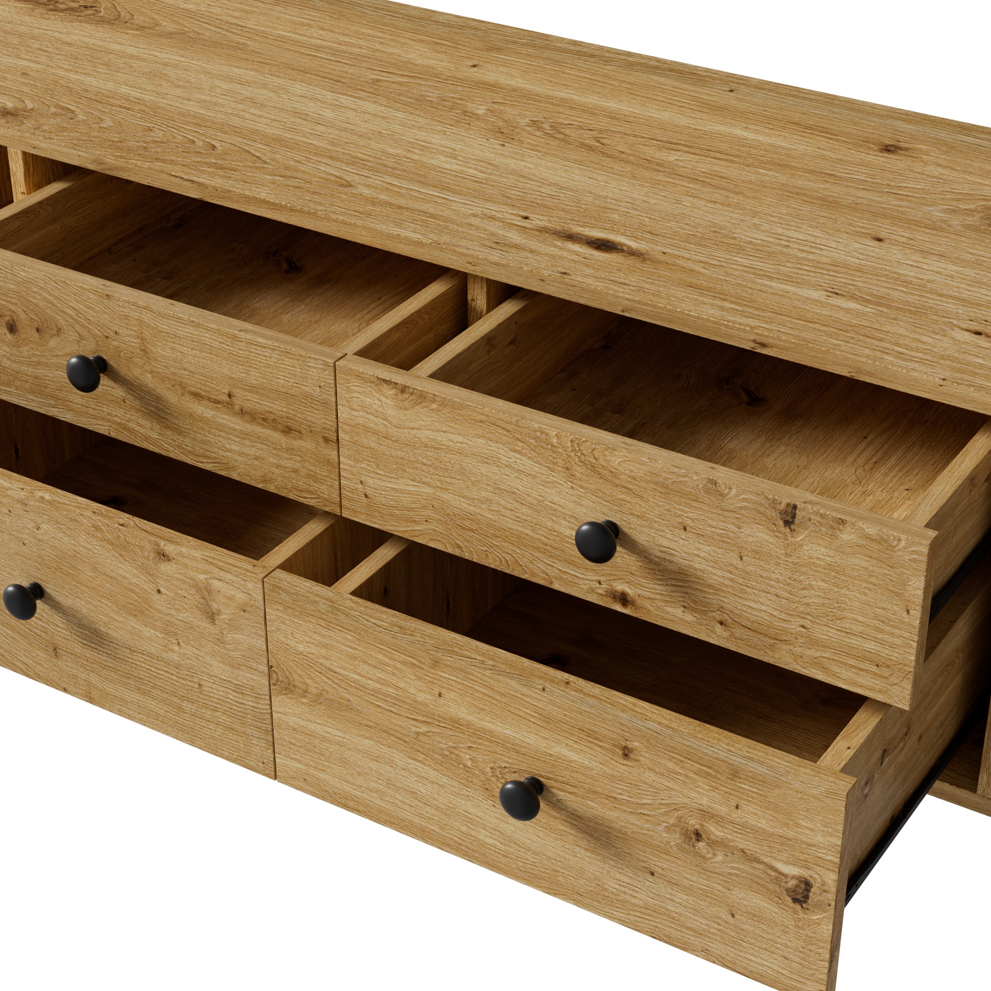 Meuble TV Bois, 4 Tiroirs, Rangement, Gestion des Câbles, Portes Coulissantes, Angles Arrondis - MDF - 165x40x46cm - Salon 6