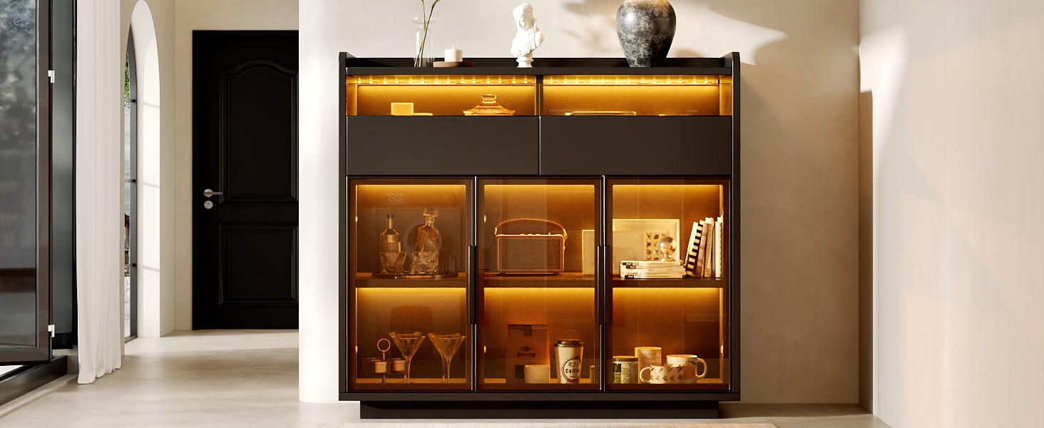 Vitrine Haute Noir - Éclairage LED, 2 Tiroirs, Portes en Verre, Éclairage Connecté - MDF - 100×40×91.5cm - Salon et Salle à Manger 4