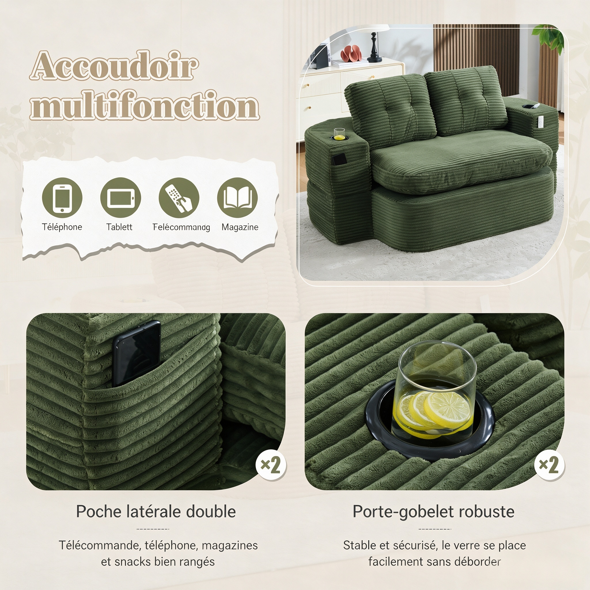 Fauteuil-lit 2-en-1 en corduroy émeraude avec repose-bras réglable - vue 3