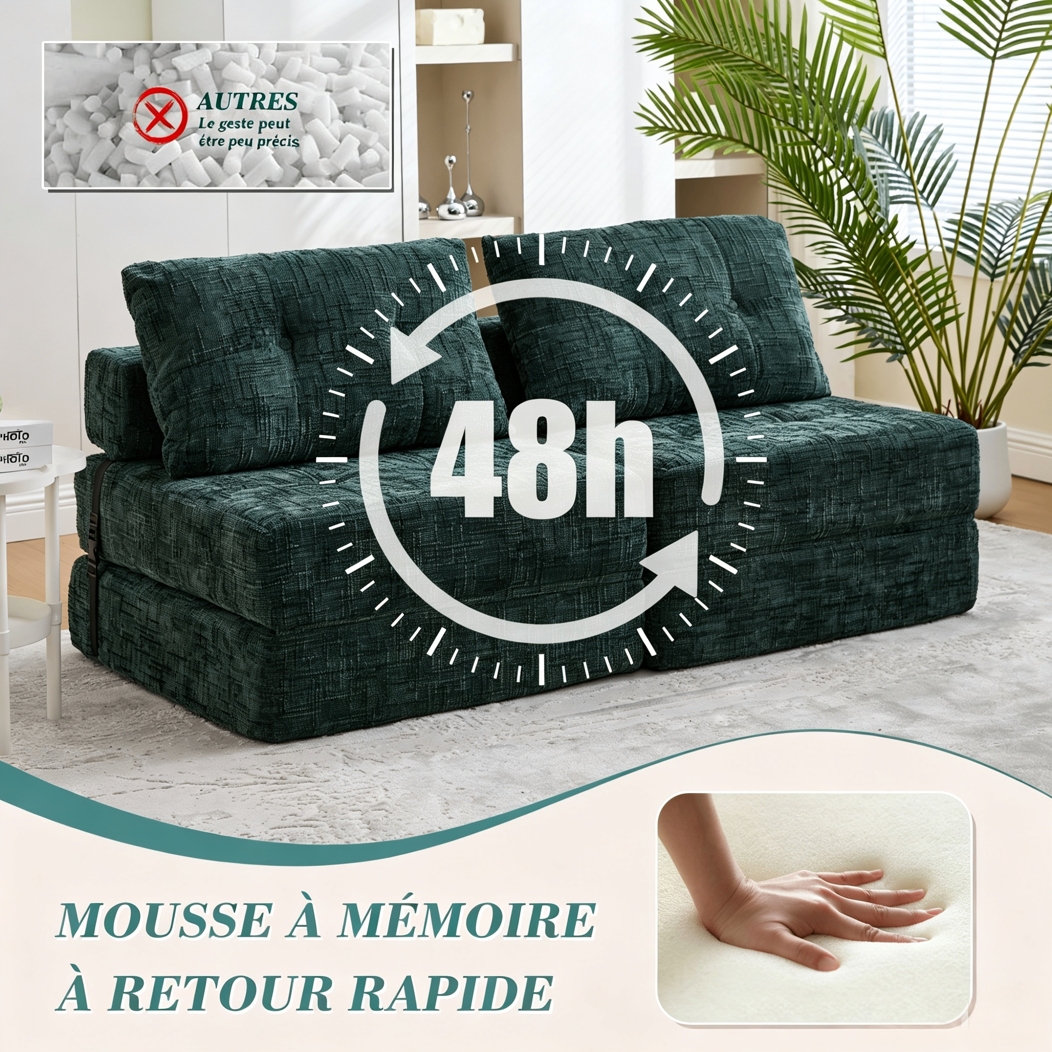 Canapé-lit pliable émeraude chenille avec coussin 79x79x57 cm - vue 4
