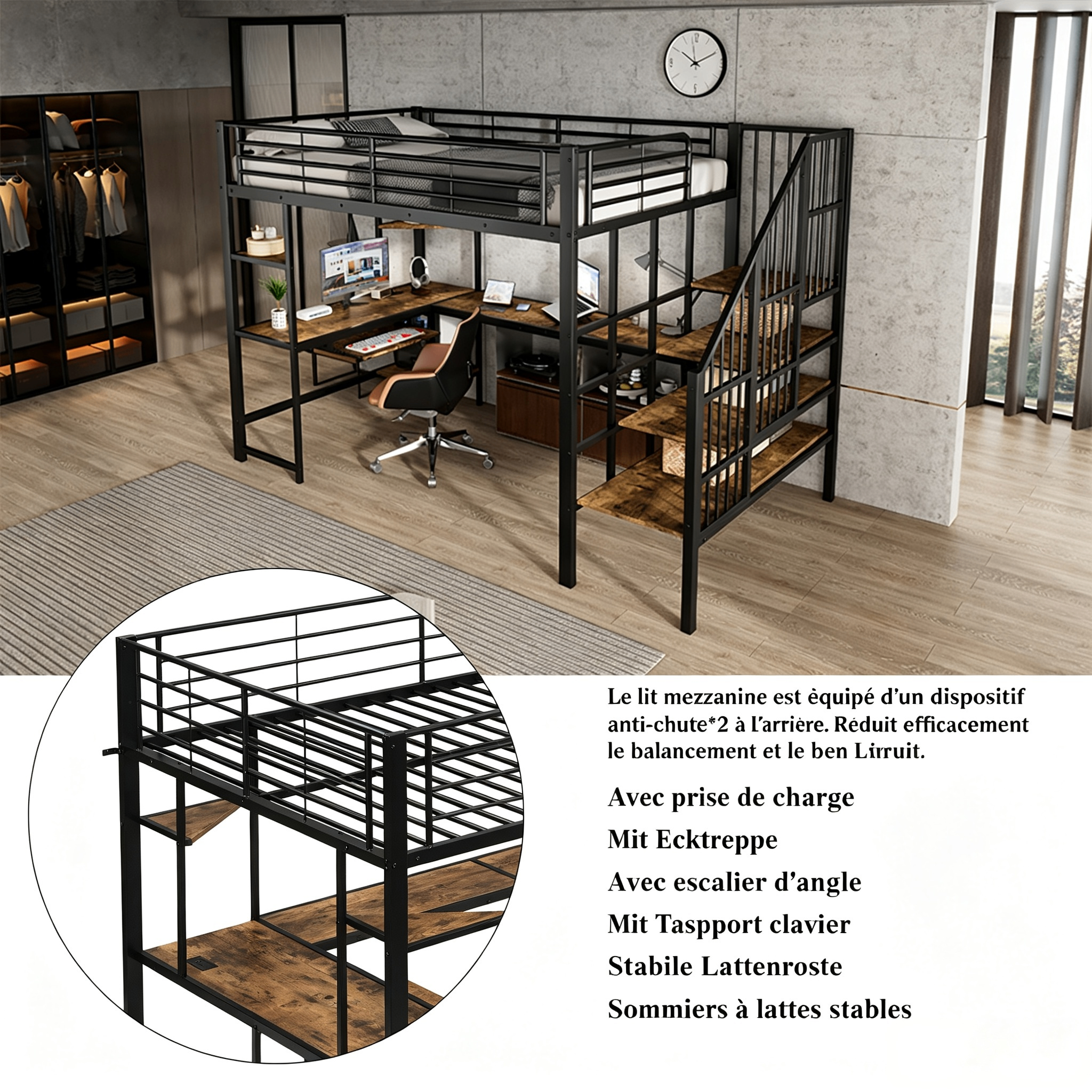 Lit mezzanine en fer noir avec bureau, tiroir clavier et rangements, 120x200 cm 5