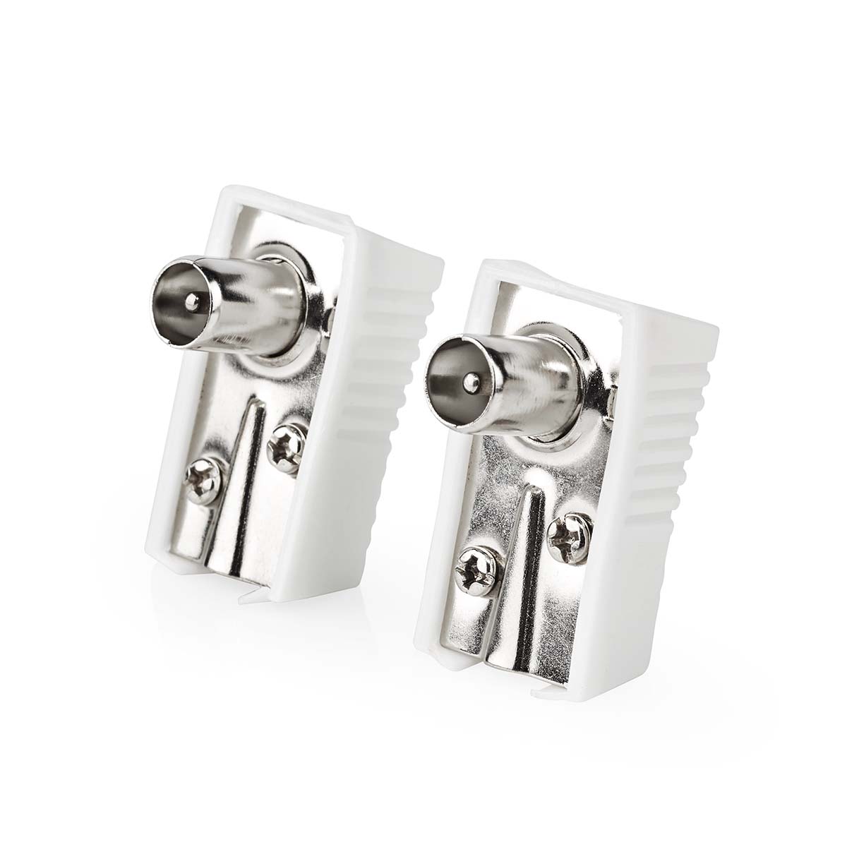 Nedis Conencteur IEC ( Coax)  Coudé  Mâle  Plaqué nickel  75 Ohm  Vis  Diamètre d'entrée de câble: 7.0 mm  Métal / PVC  Blanc  2 pièces  Boîte