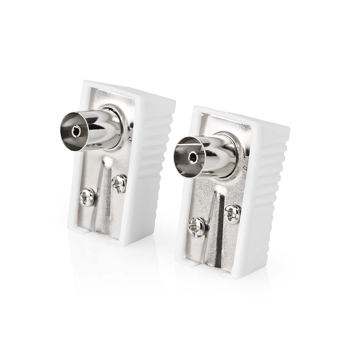 Nedis Conencteur IEC ( Coax)  Coudé  Femelle  Plaqué nickel  75 Ohm  Vis  Diamètre d'entrée de câble: 7.0 mm  Métal / PVC  Blanc  2 pièces  Enveloppe