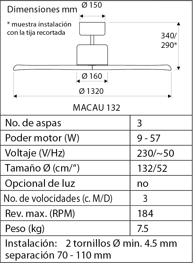 Esquema ventilador de techo Macau BN-NT Madera natural/ cromo cepillado