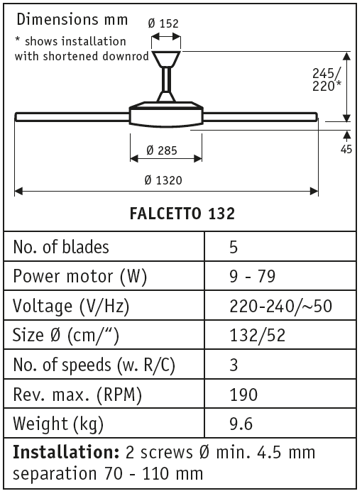 Esquema del ventilador de techo sin luz Falcetto