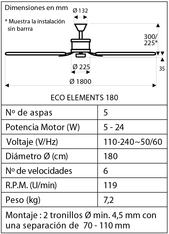 esquema del ventilador para techos ECO ELEMETNS 180