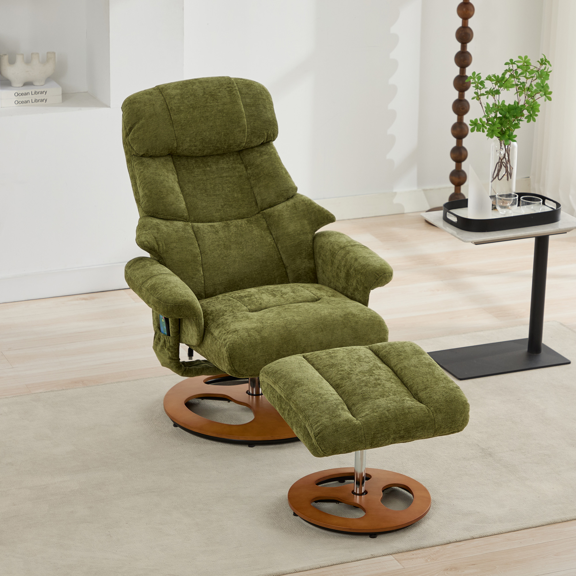 Fauteuil luxe base bois massif tissu chenille doux