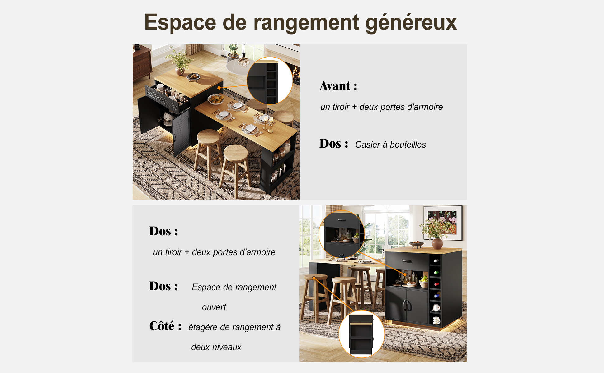 Îlot de cuisine MDF robuste poignées métal anti-rouille design élégant