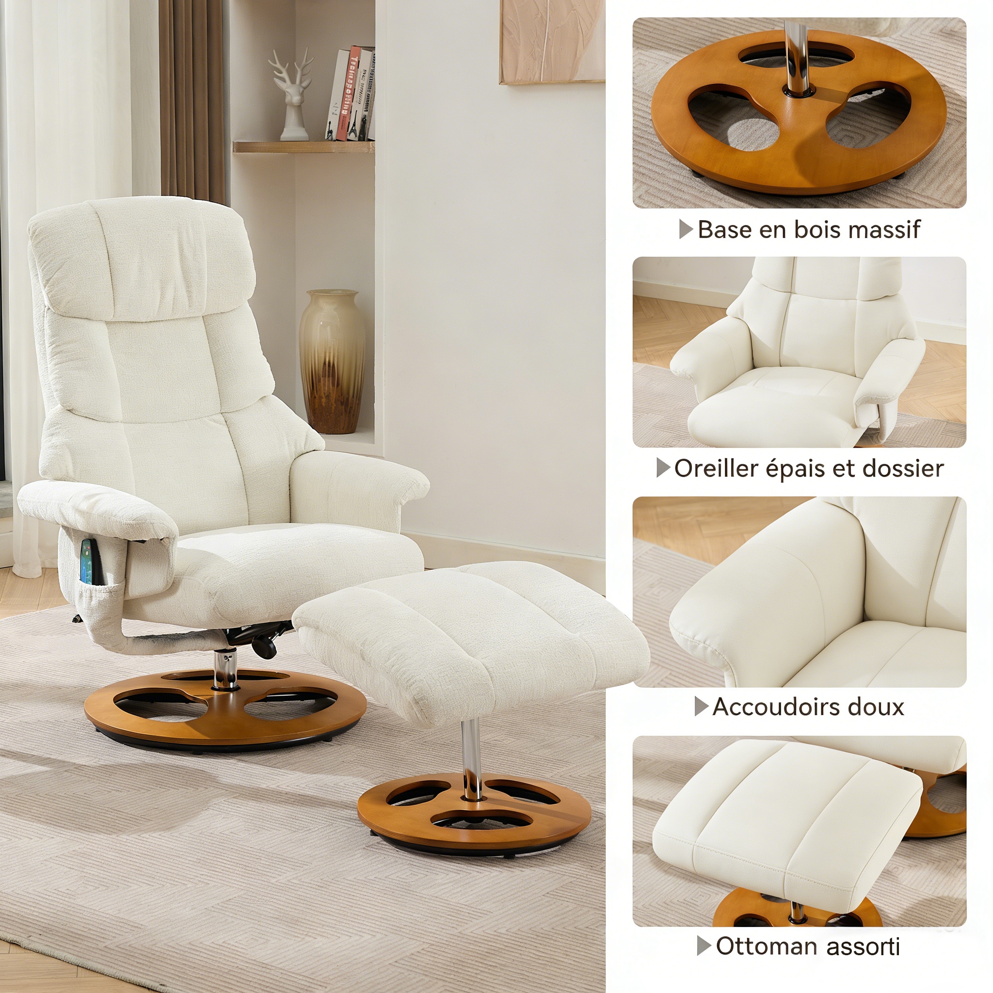 Fauteuil dossier inclinable 140° repose-pieds ajustable