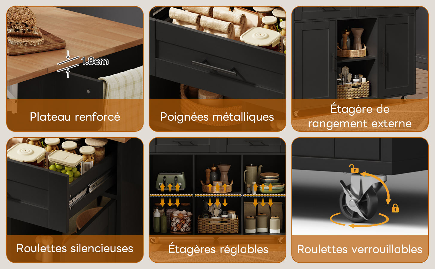 Chariot cuisine mobile avec roulettes verrouillables