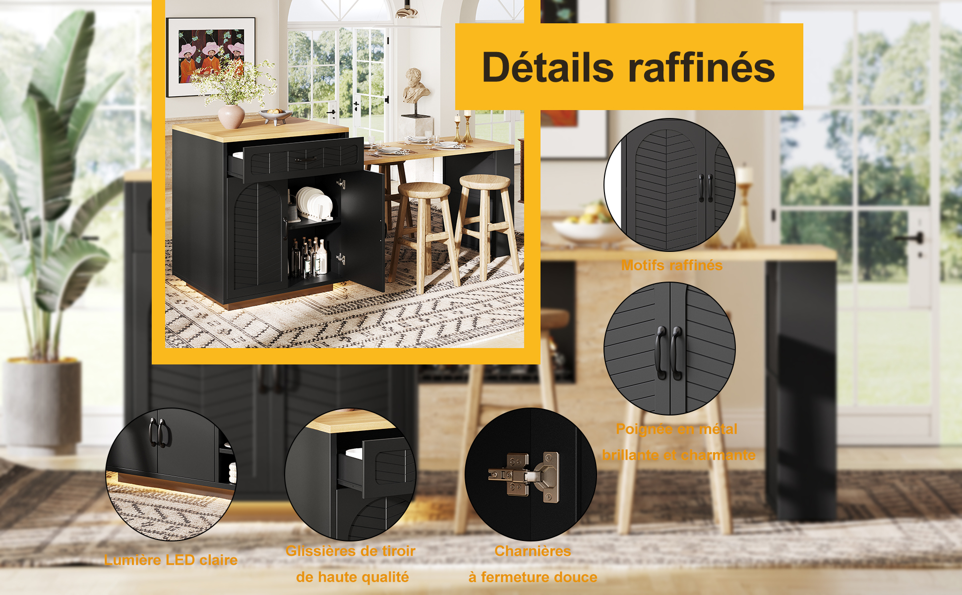 Îlot de cuisine plateau extensible 61-113cm étagère à snacks