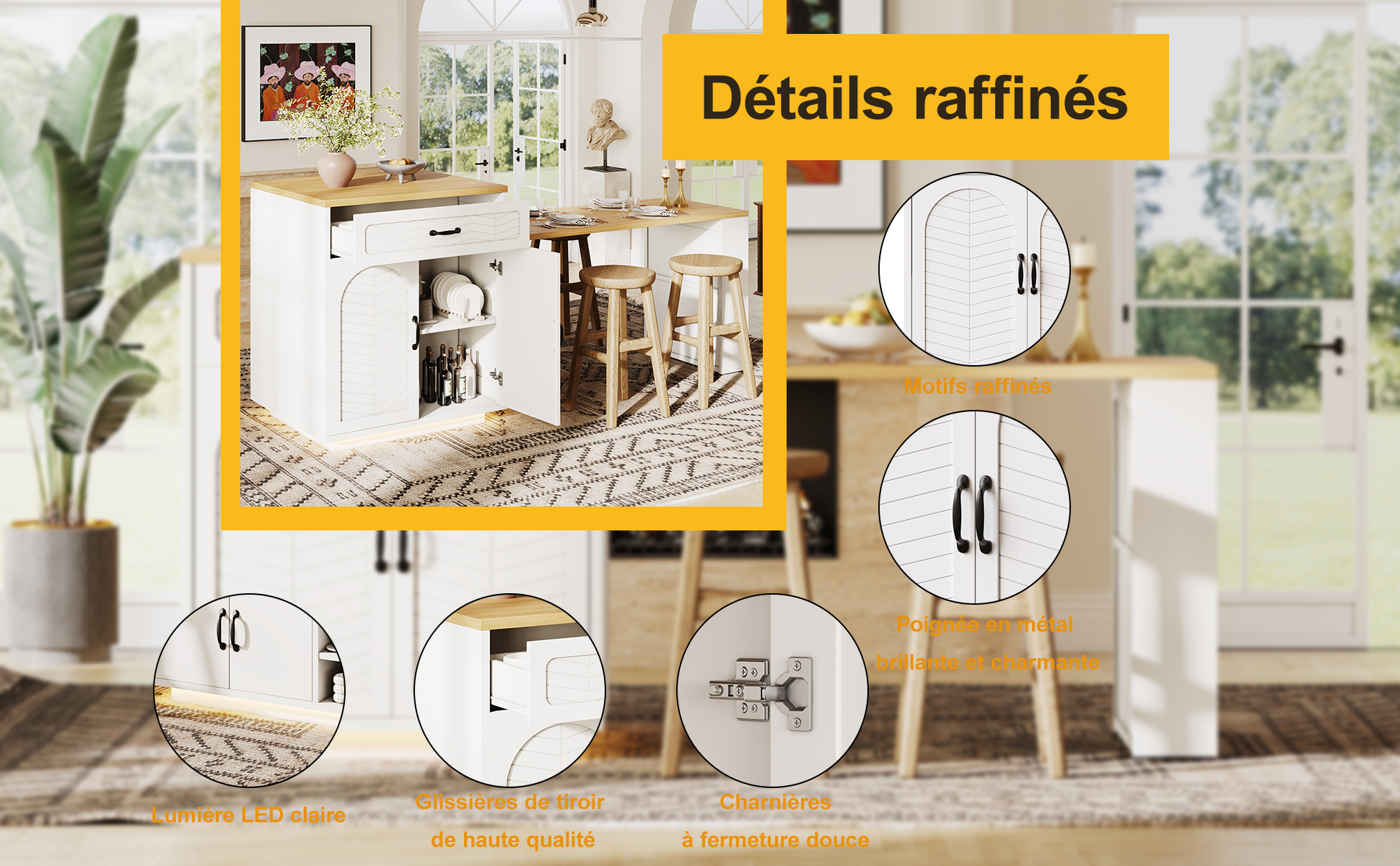 Îlot de cuisine MDF robuste poignées métal anti-rouille design élégant