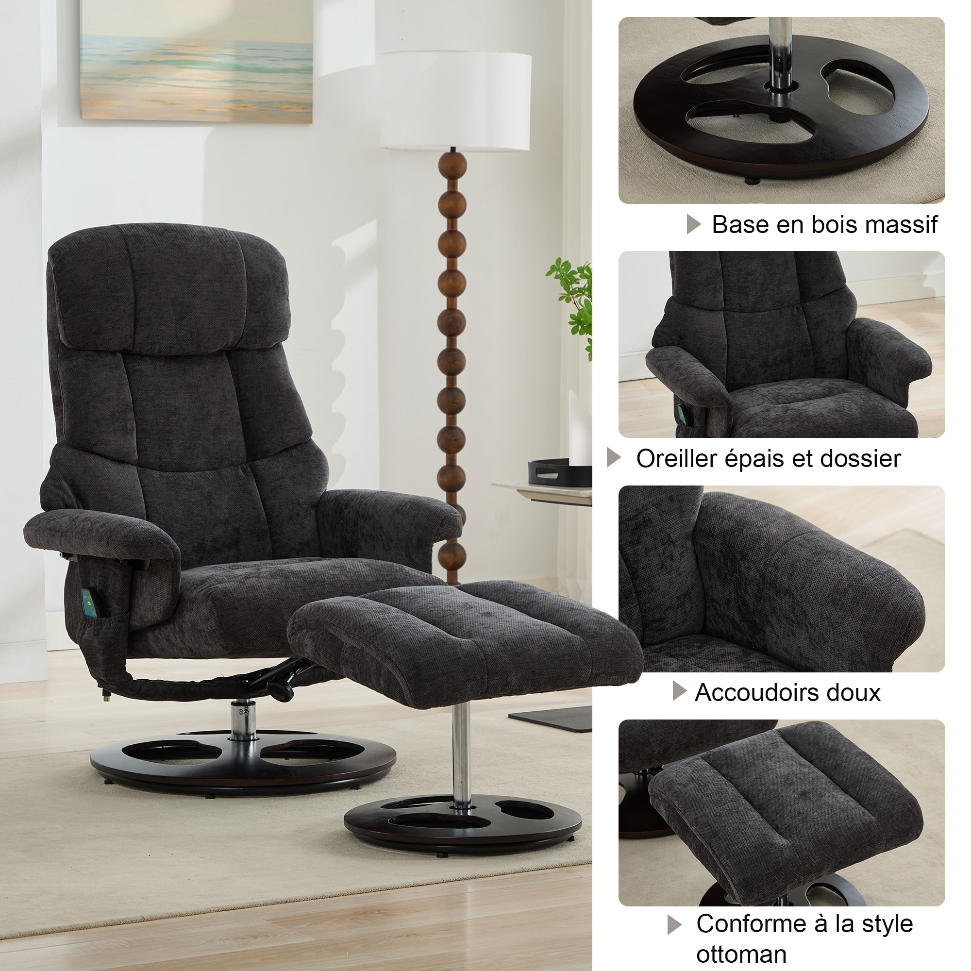 Fauteuil rotation 360° poche latérale télécommande
