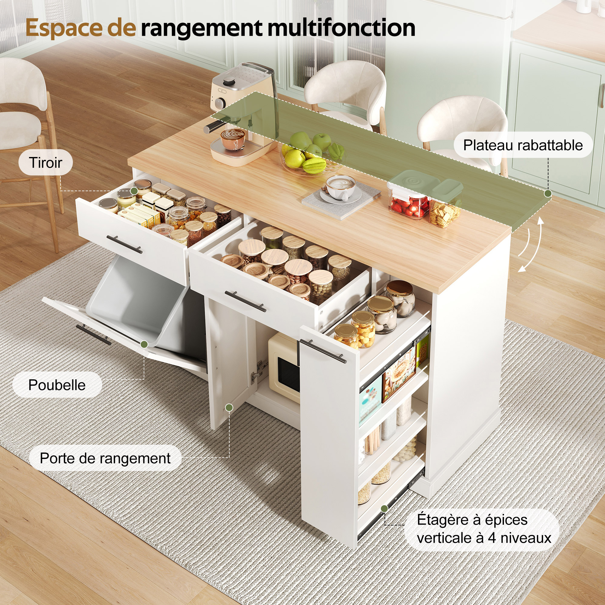 Rangement intelligent avec étagère à épices et tiroirs