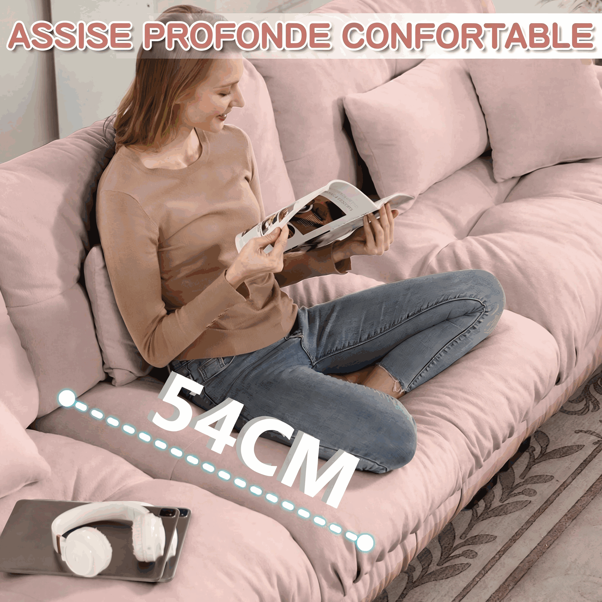 Canapé modulaire rose tissu chenille vintage résistant