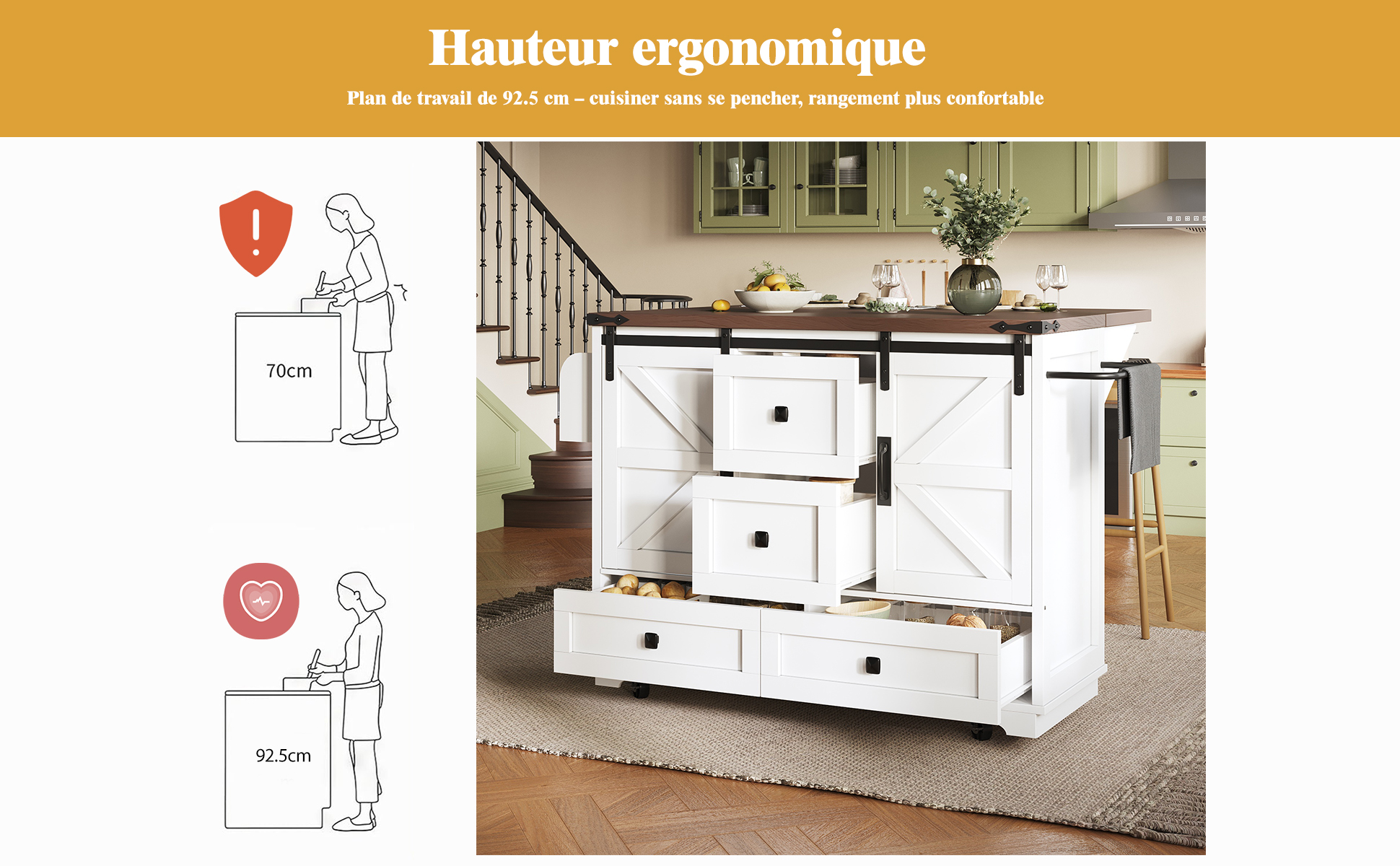 Chariot de cuisine plateau rabattable