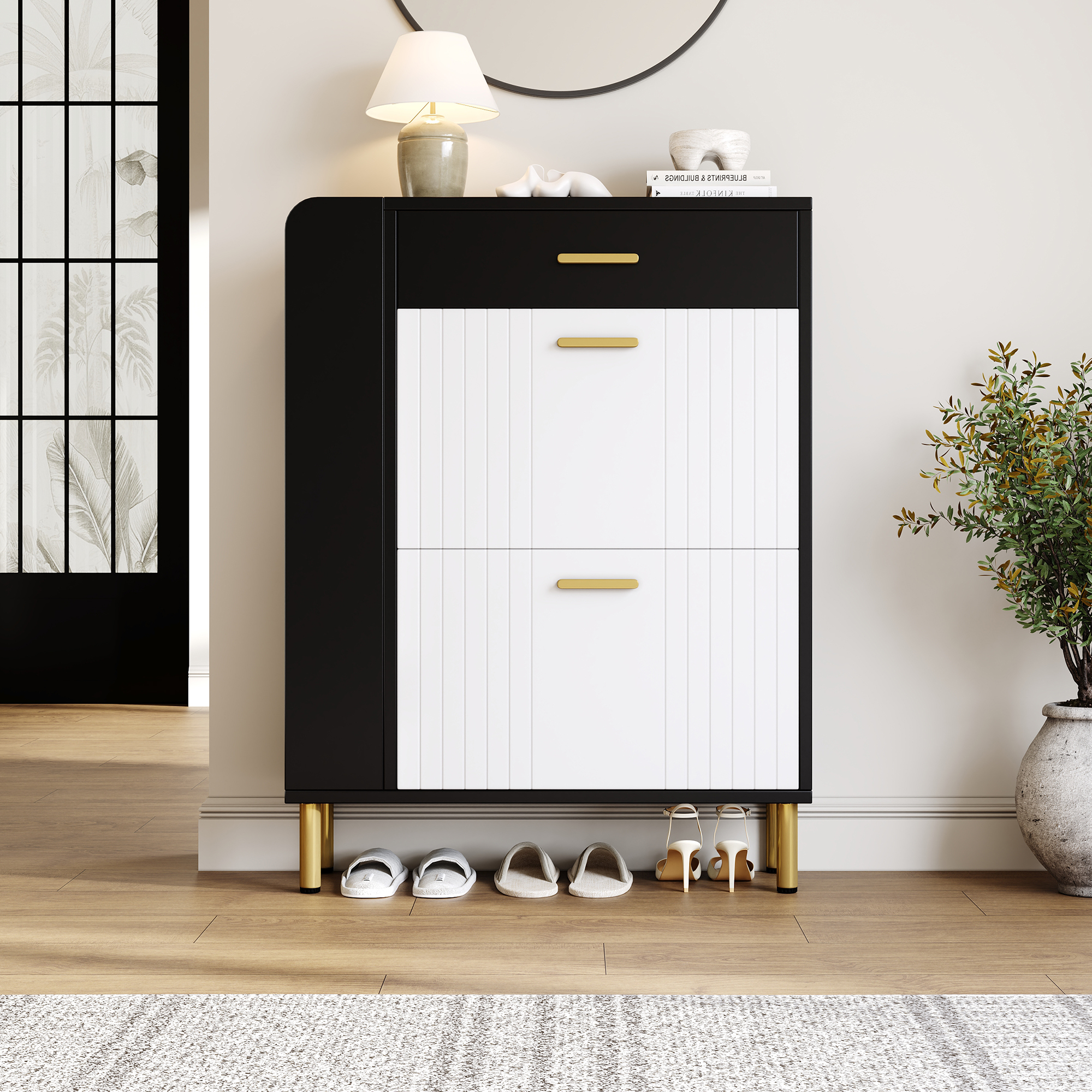 Armoire chaussures noir blanc vue d'ensemble