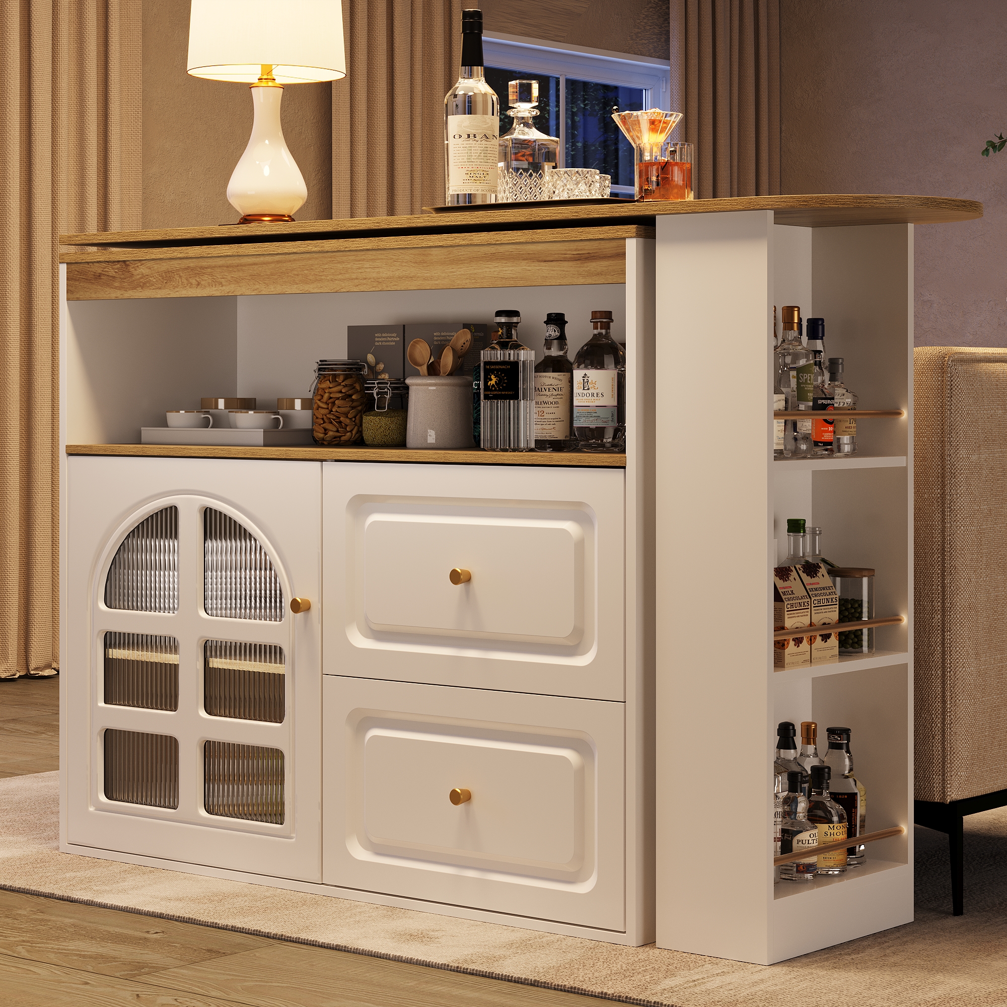 Table haute espace de rangement multifonction 2 tiroirs étagère snack