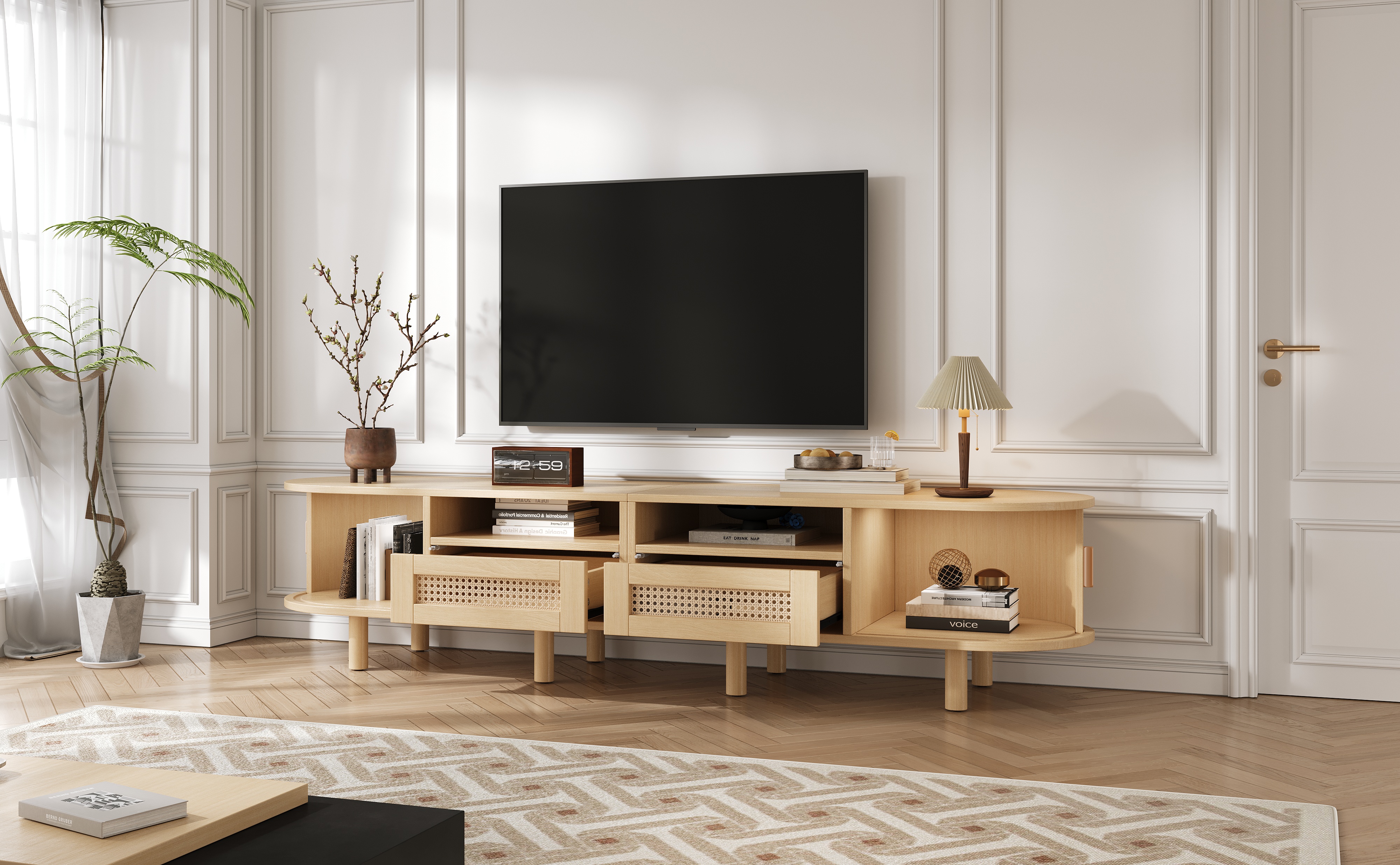 Meuble TV rangement optimal tiroirs et portes coulissantes