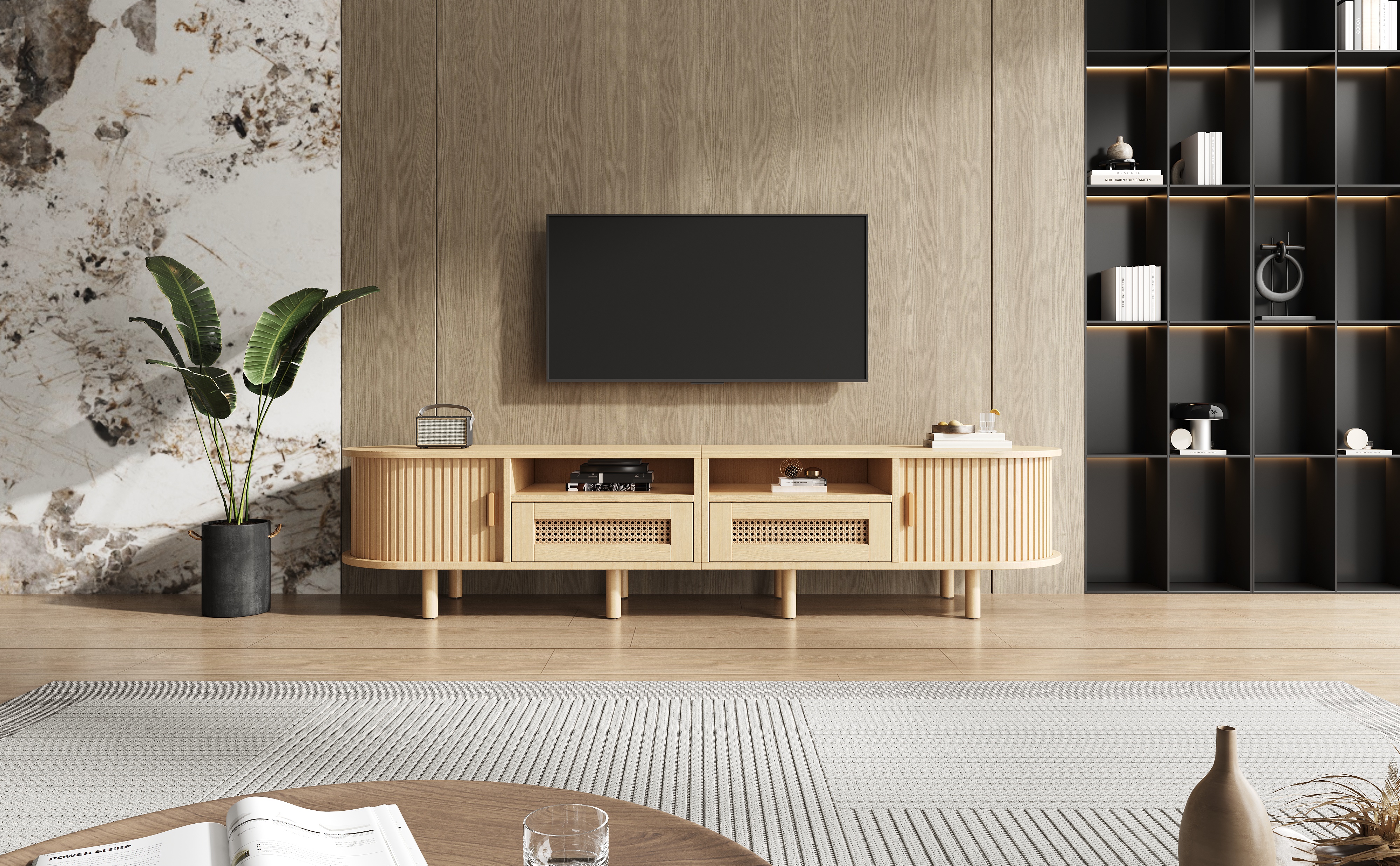 Meuble TV design ovale rotin vintage