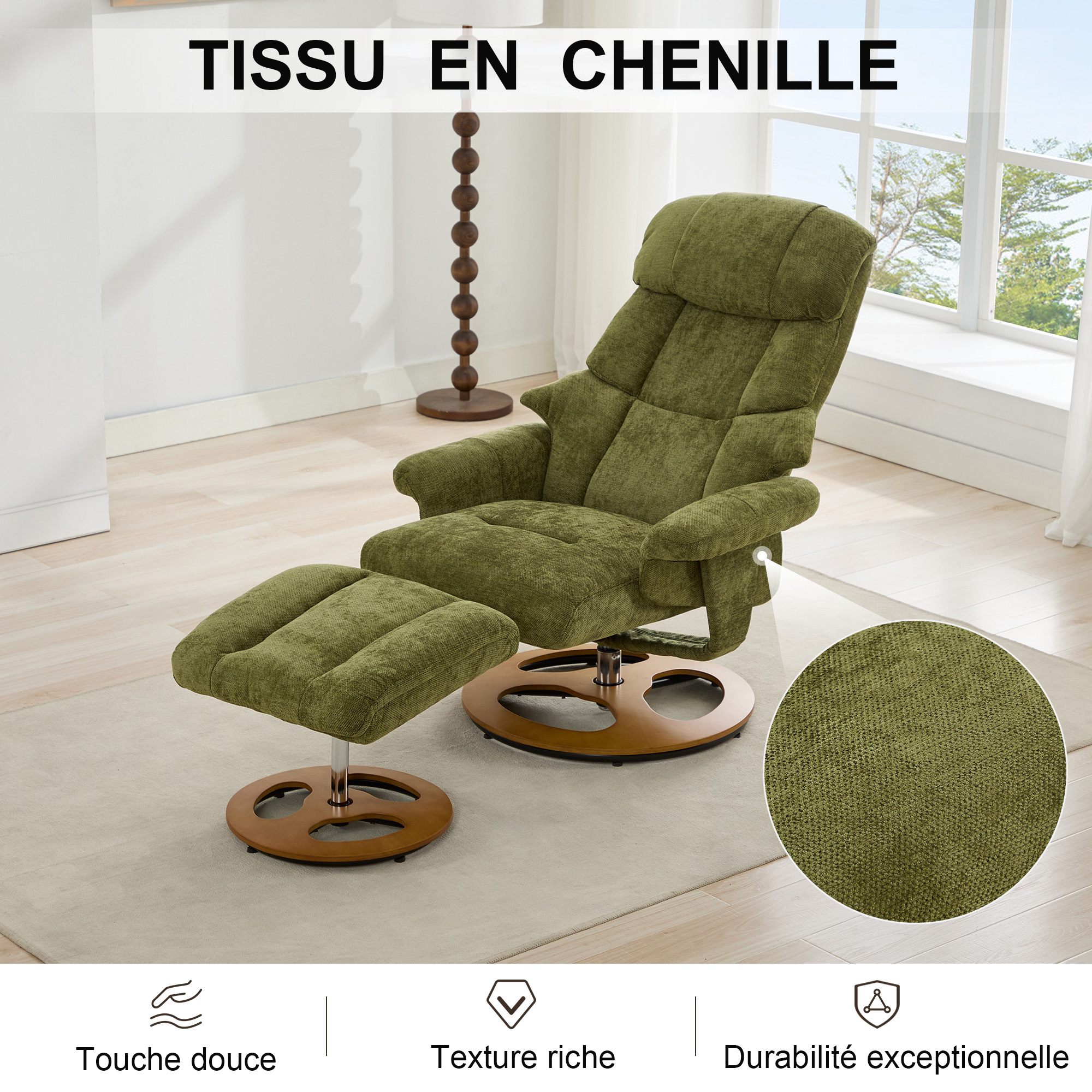 Fauteuil dossier inclinable 140° repose-pieds ajustable