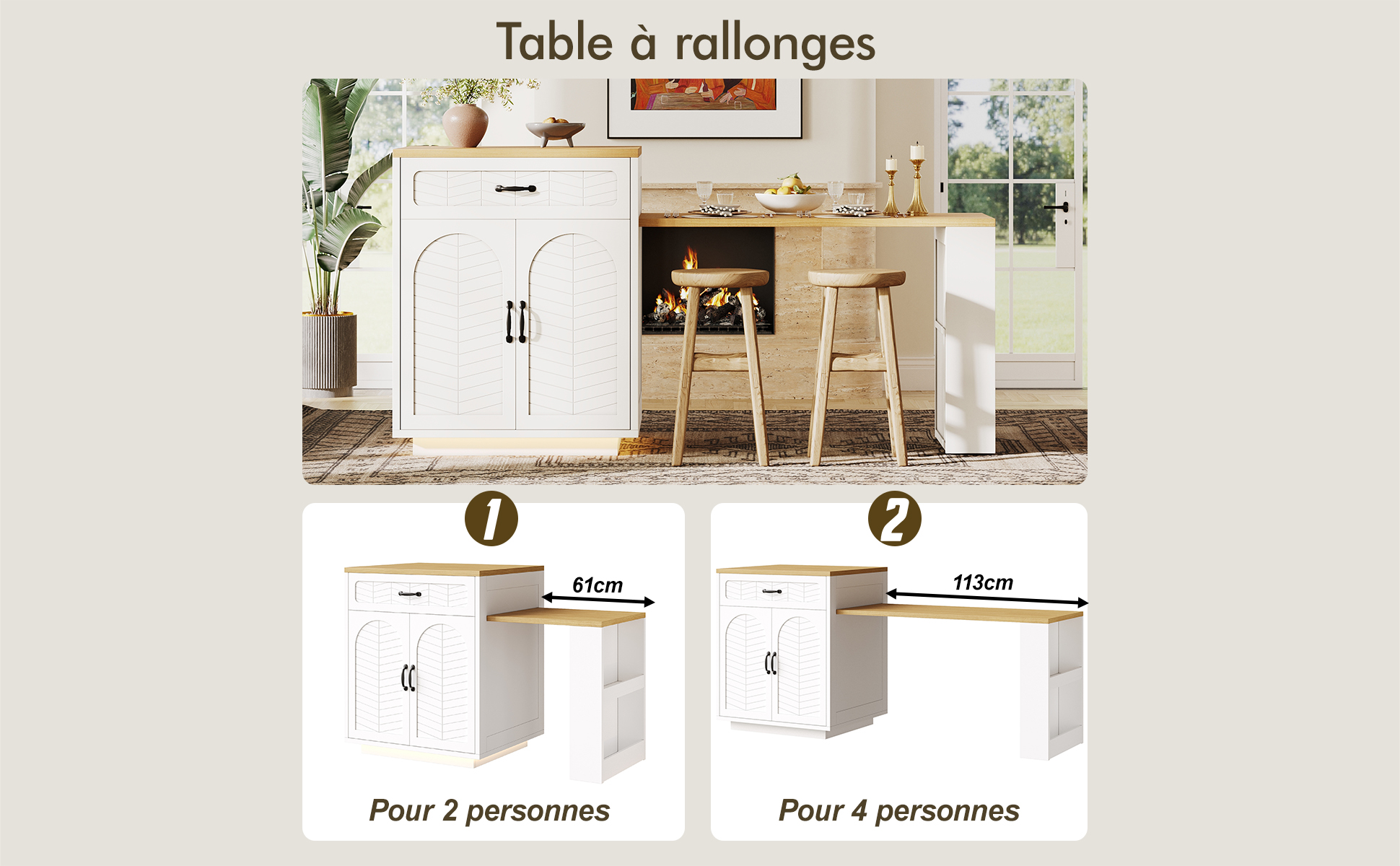 Îlot de cuisine grand volume de rangement 2 tiroirs porte-bouteilles