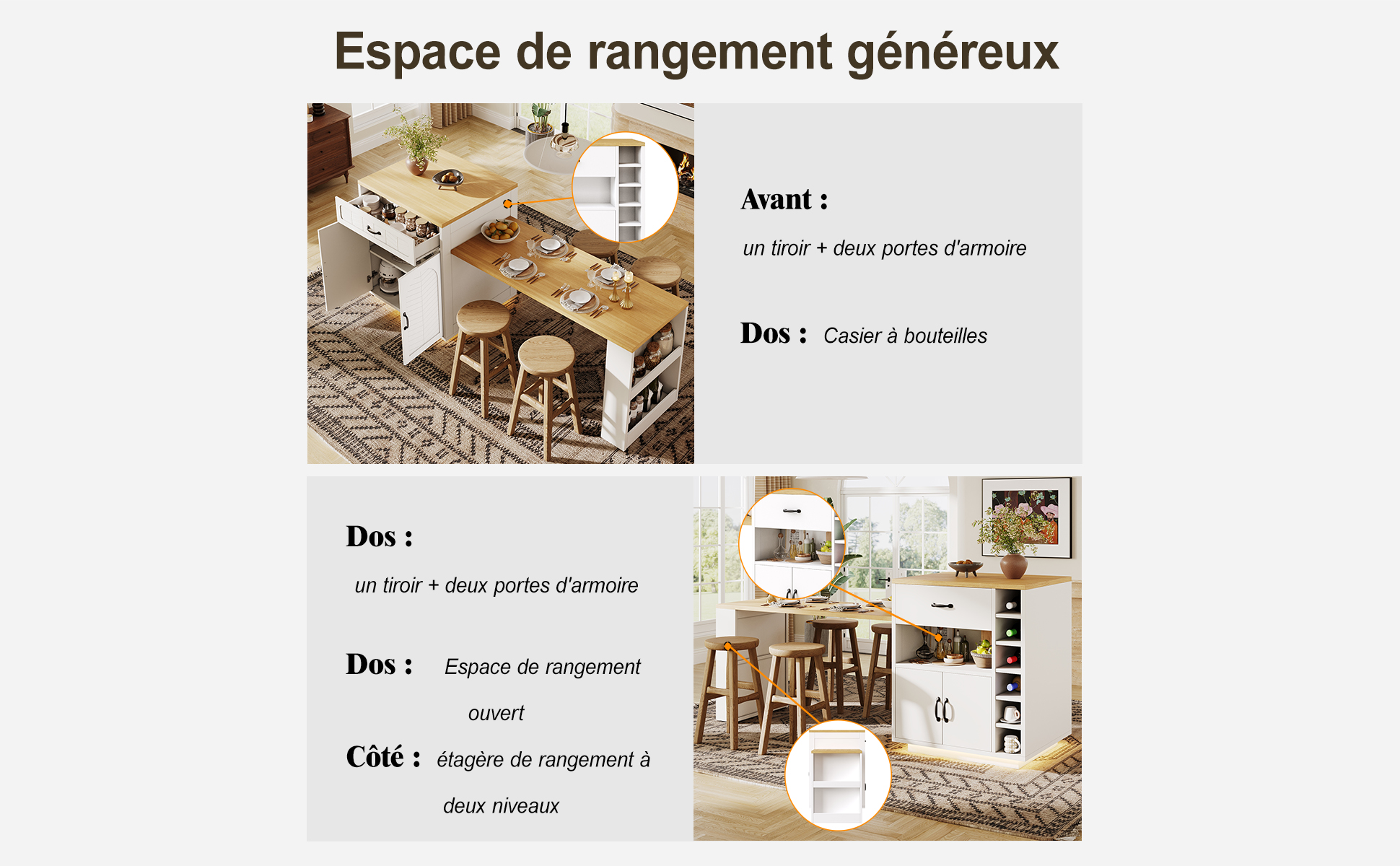 Îlot de cuisine plateau extensible 61-113cm étagère à snacks