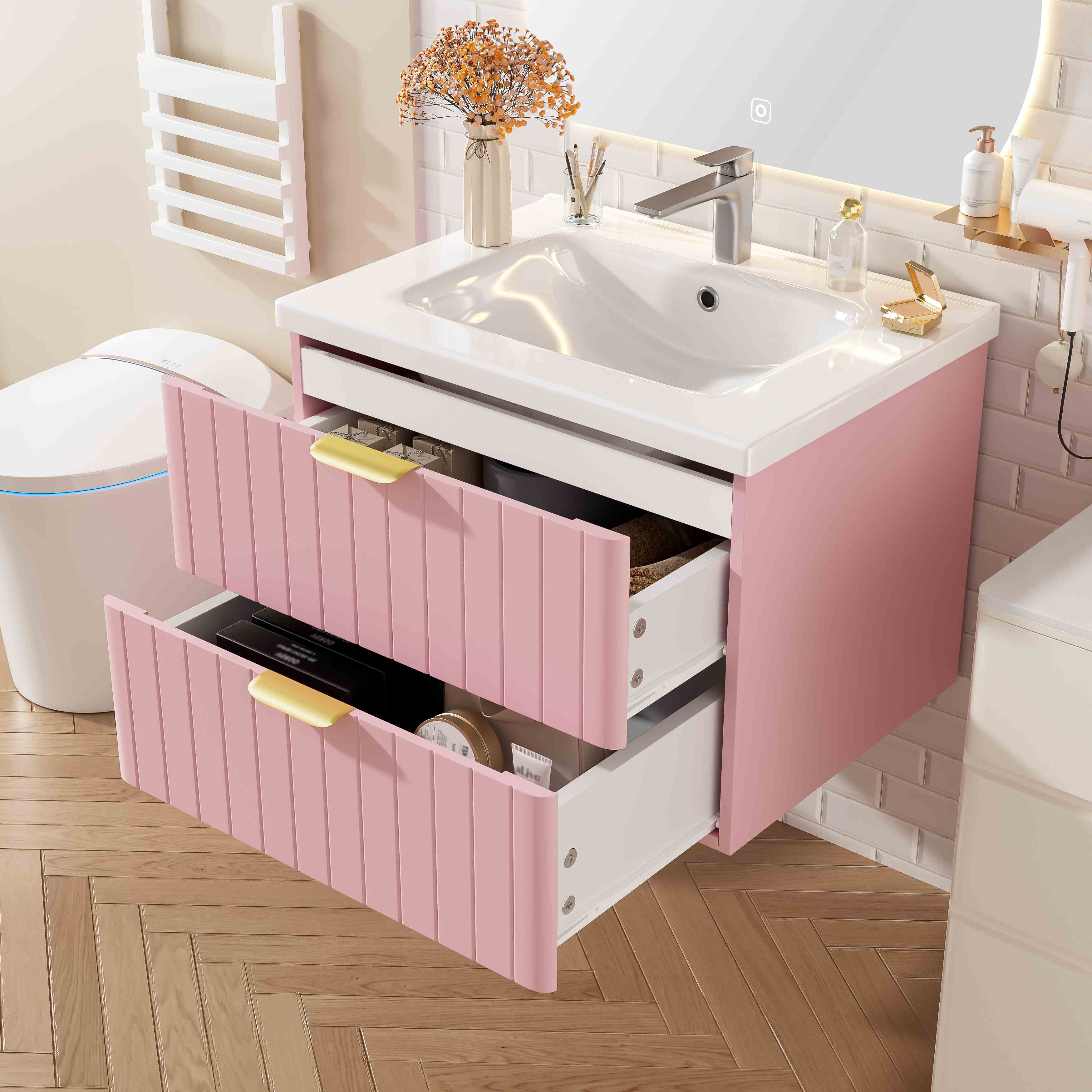 Meuble salle de bain rose design moderne poignées métal