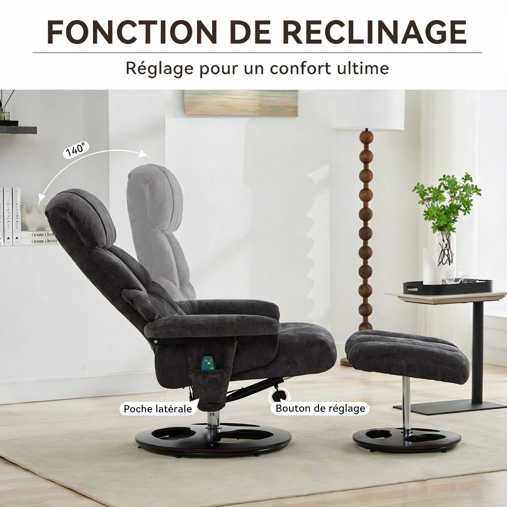Fauteuil dossier inclinable 140° repose-pieds ajustable