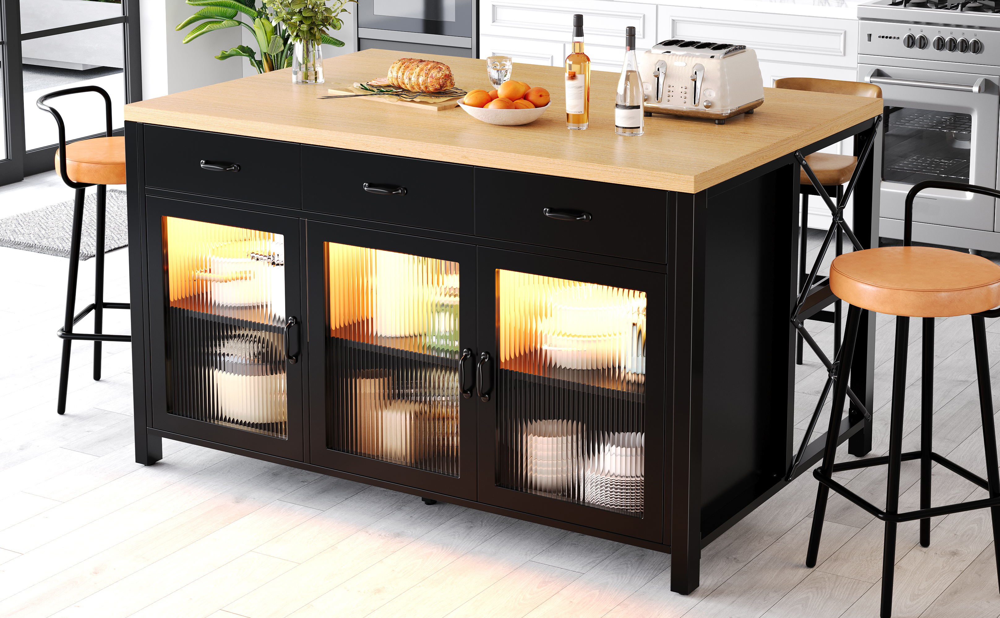 Meuble de cuisine design industriel avec plateau bois