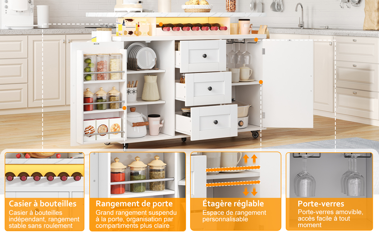 Îlot de cuisine roues verrouillables 360°