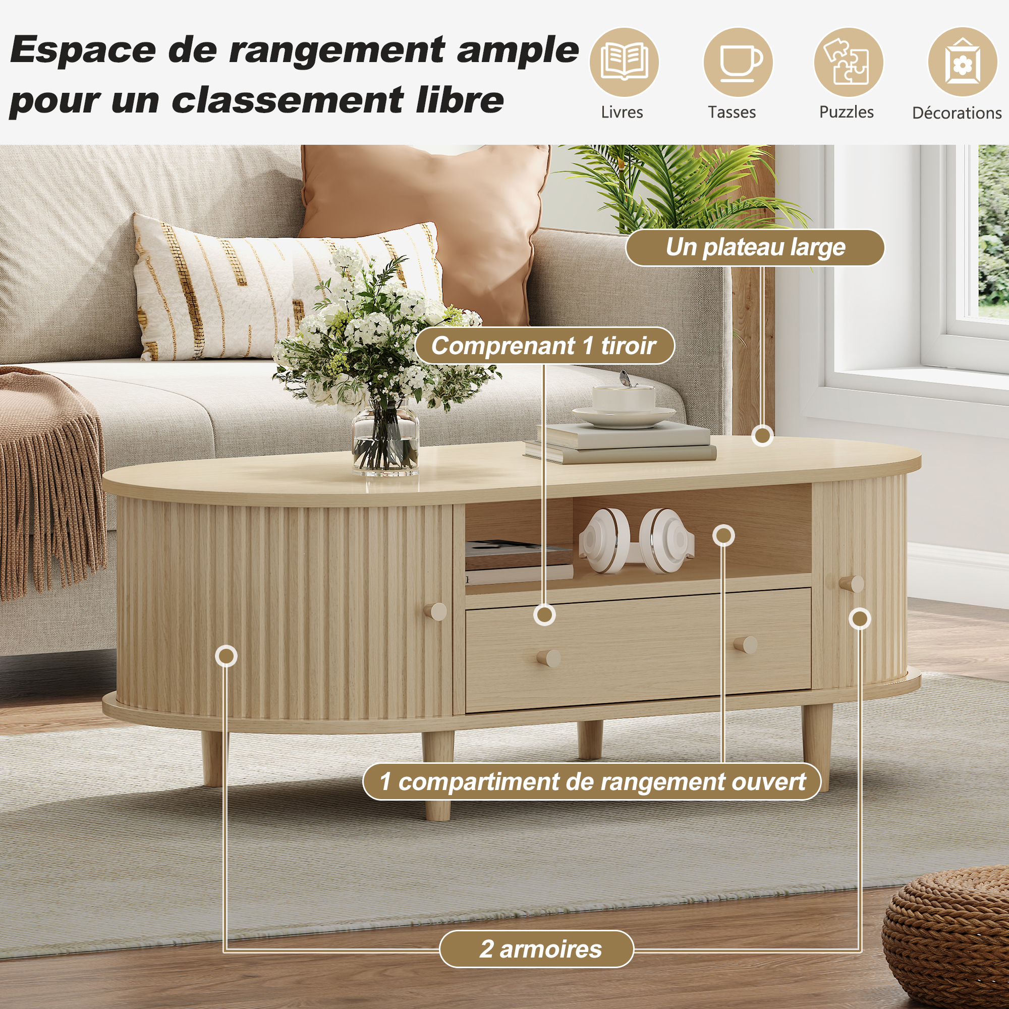 Table basse ovale en chêne design multifonctionnel