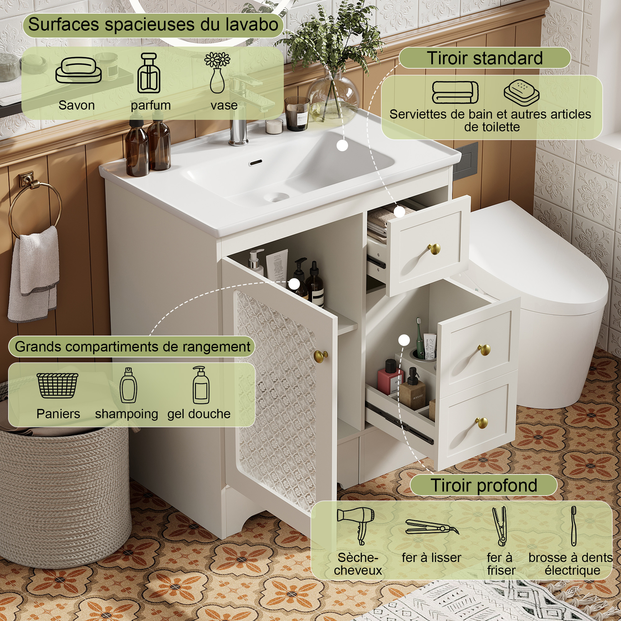 Tabouret 2-en-1 meuble salle de bain blanc