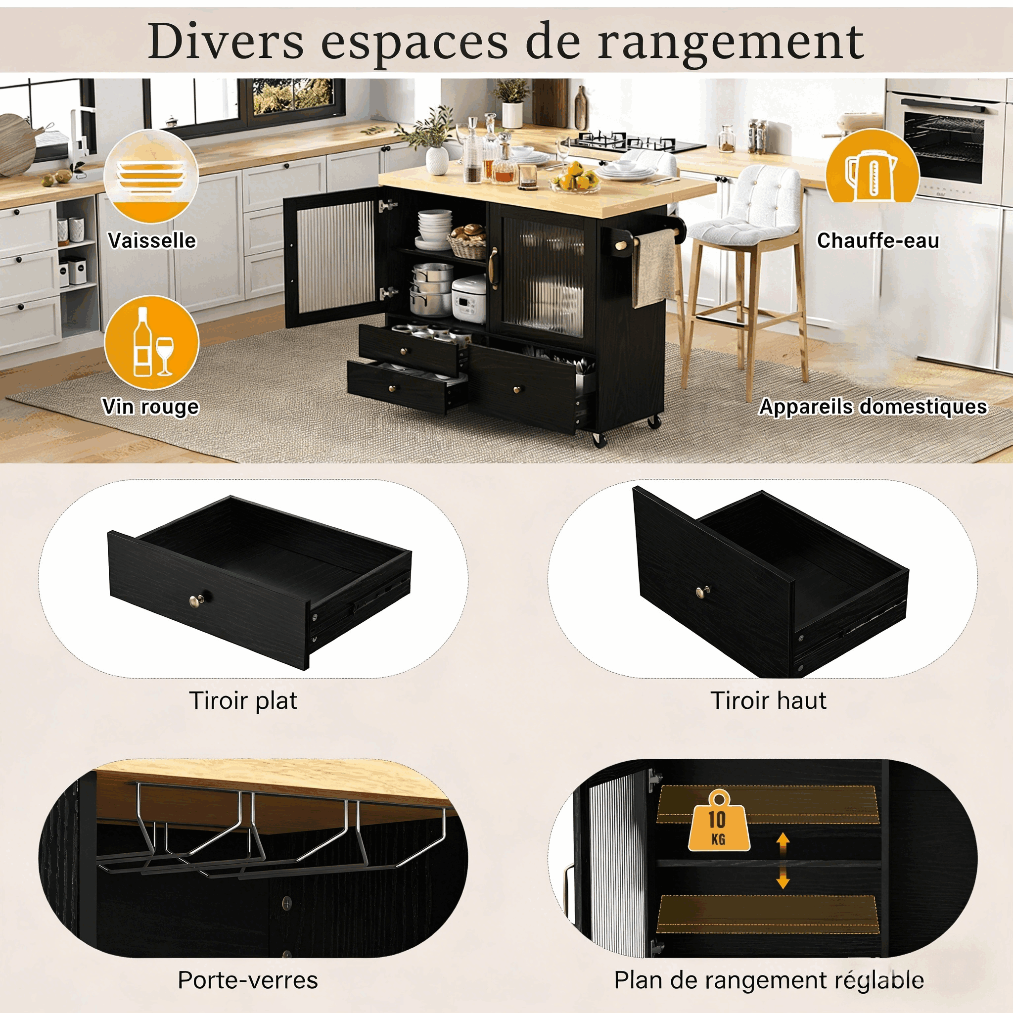 Rangement Îlot de Cuisine Noir