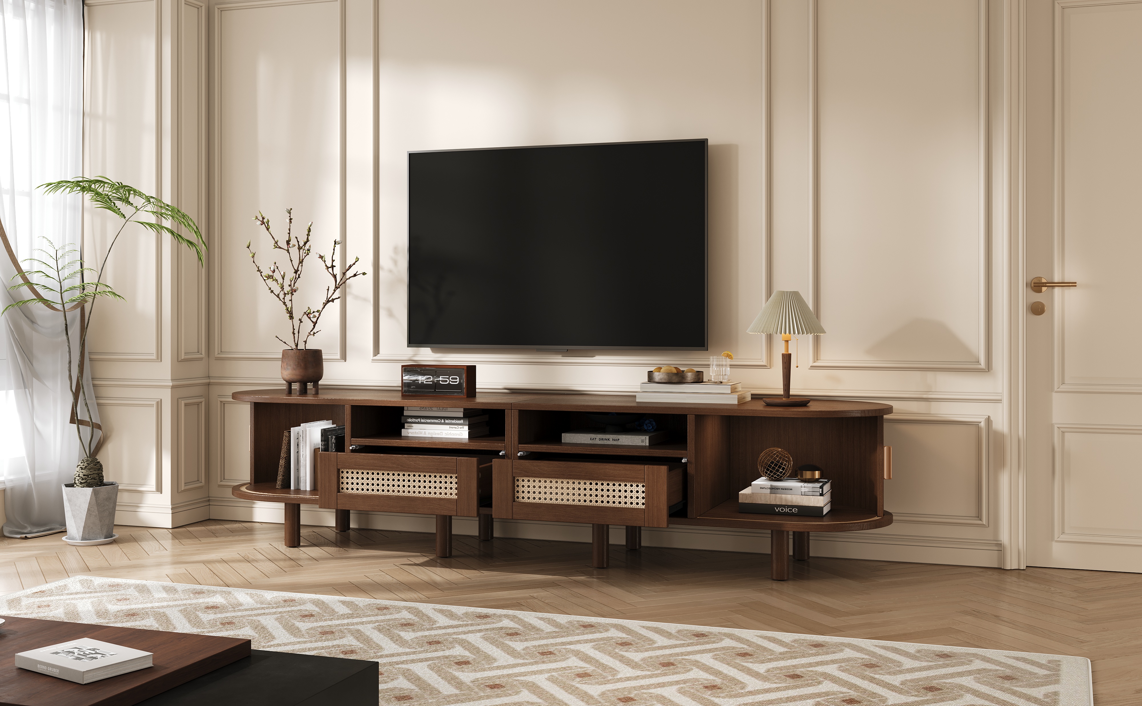 Meuble TV rangement optimal tiroirs et portes coulissantes
