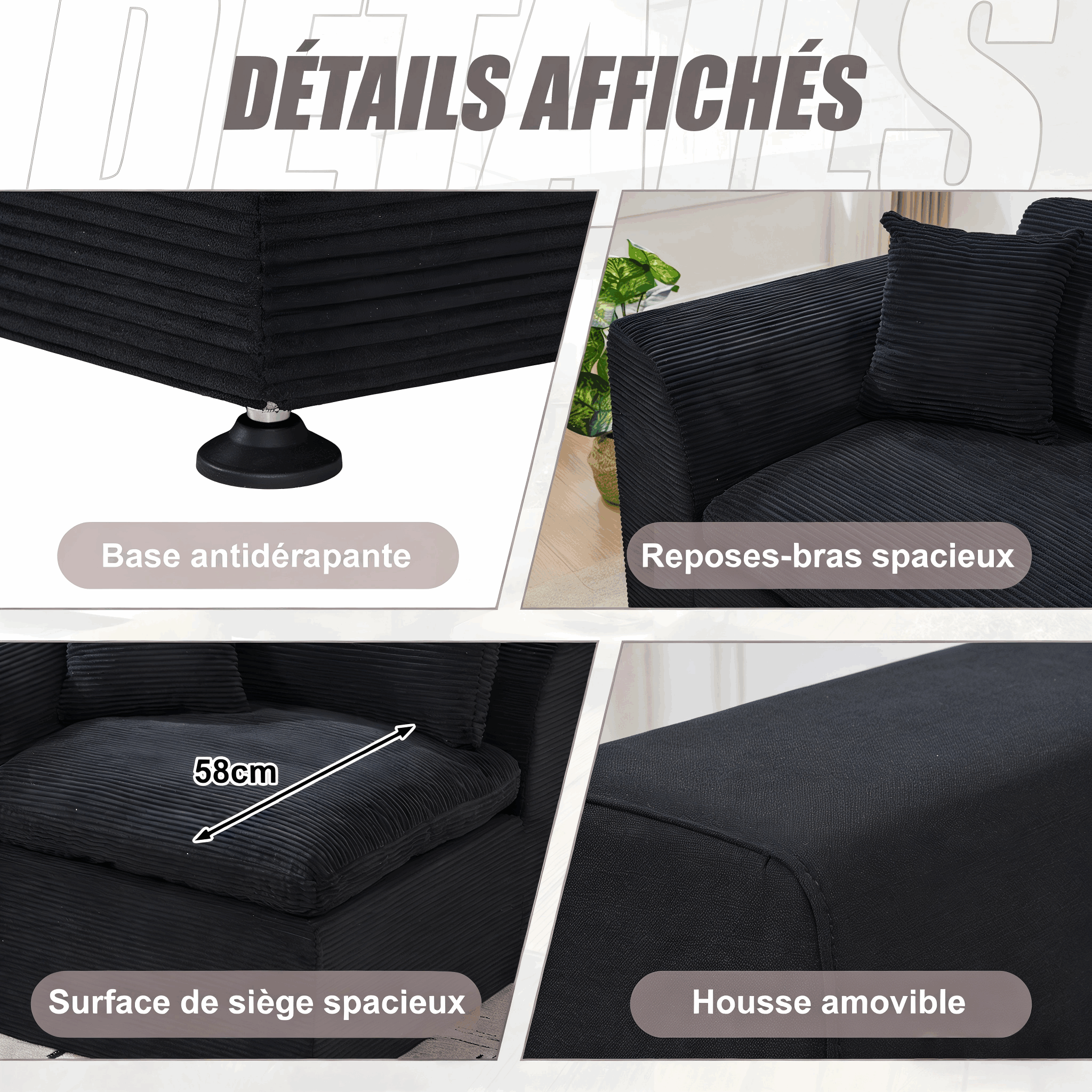 Confort Fauteuil Noir Mousse Haute Élasticité + Ressorts
