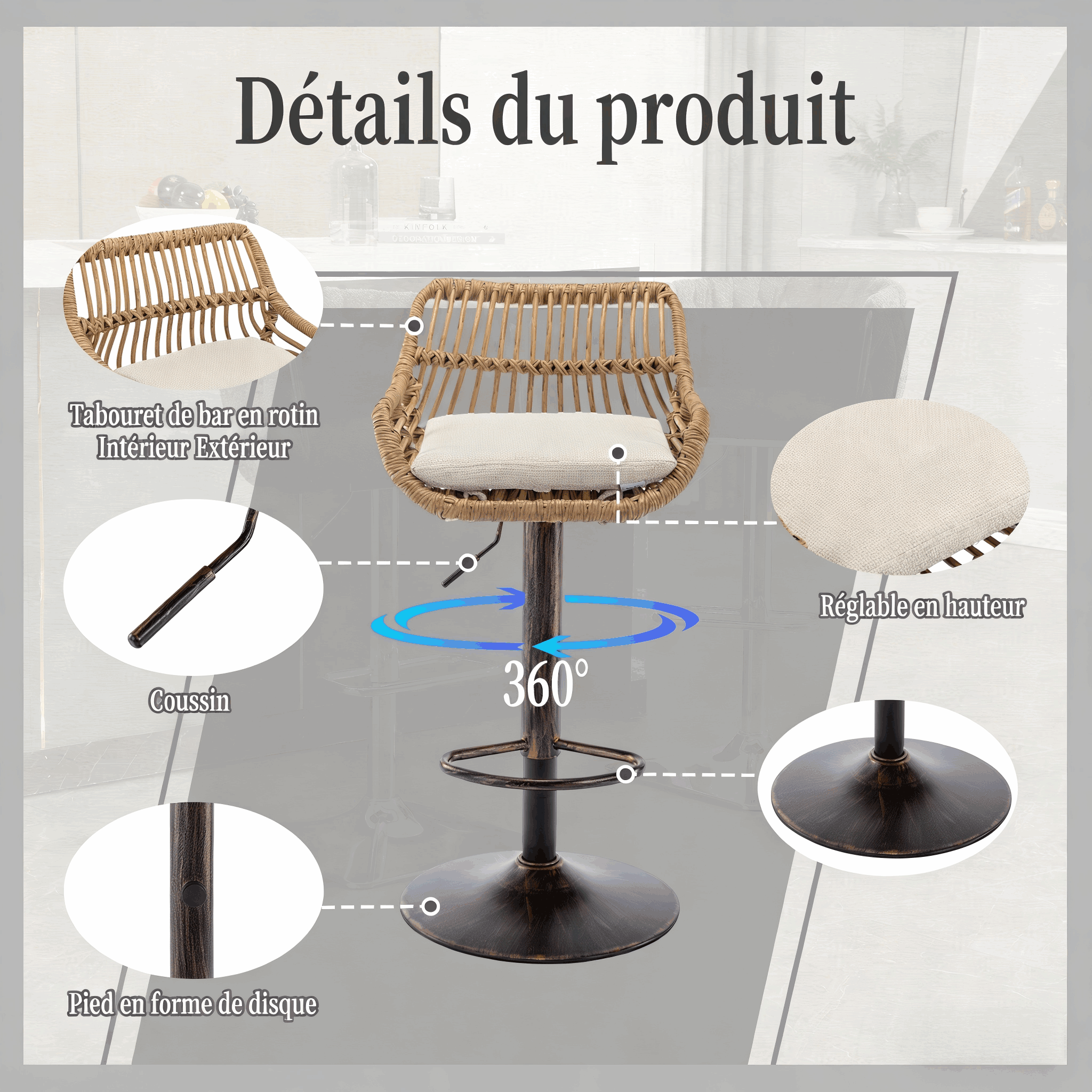 Tabouret bar rotin vintage