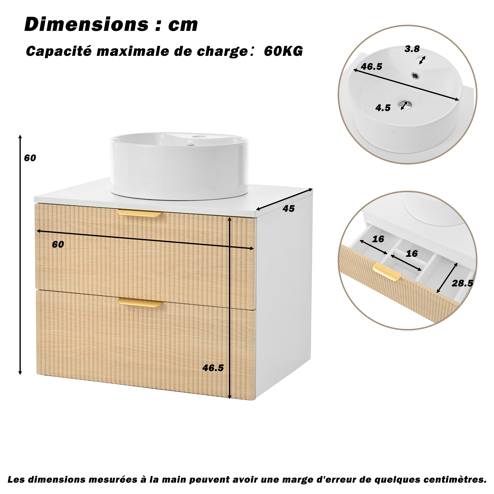 Meuble de salle de bain MDF résistant à l’humidité poignées métal