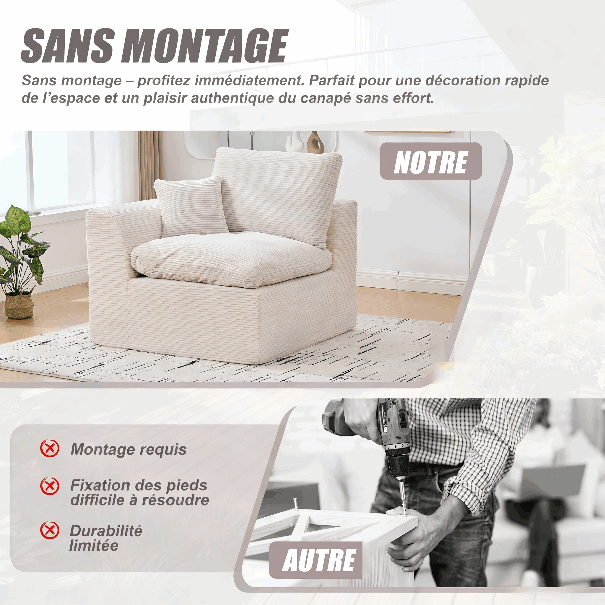 Confort Fauteuil Mousse Haute Élasticité + Ressorts