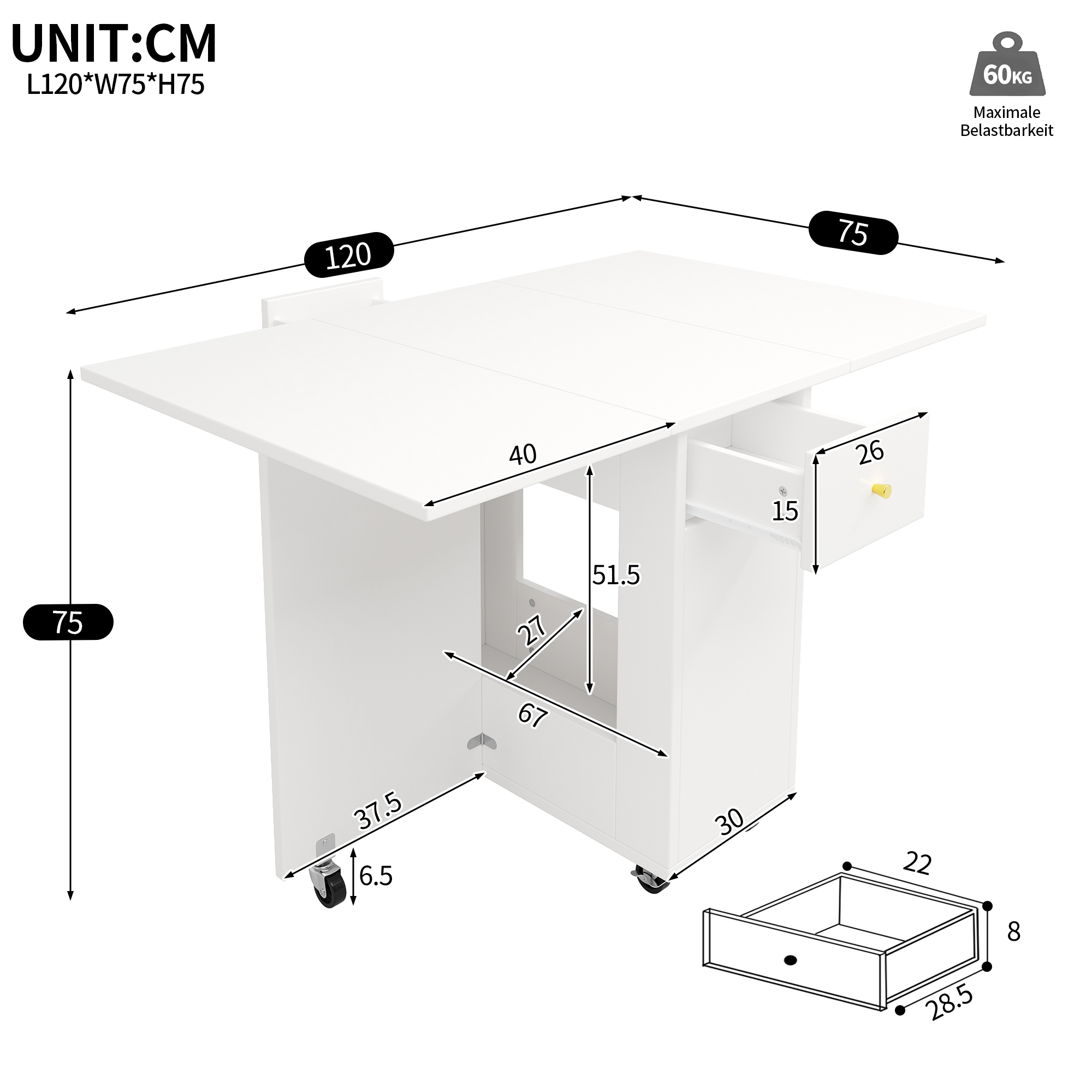 Dimensions de la table 120×75×75 cm