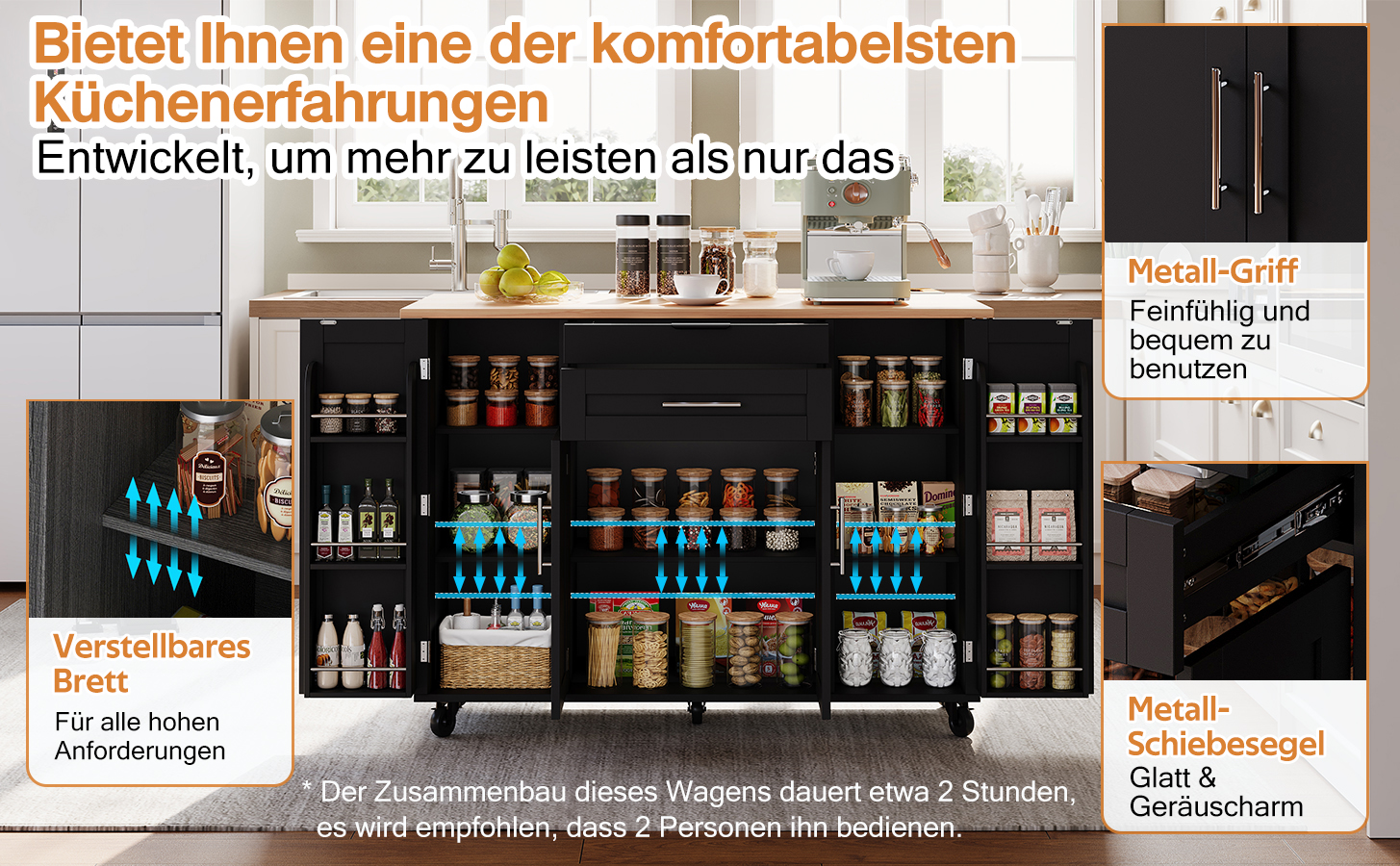 Küchenwagen mit reichlich Stauraum und Schubladen