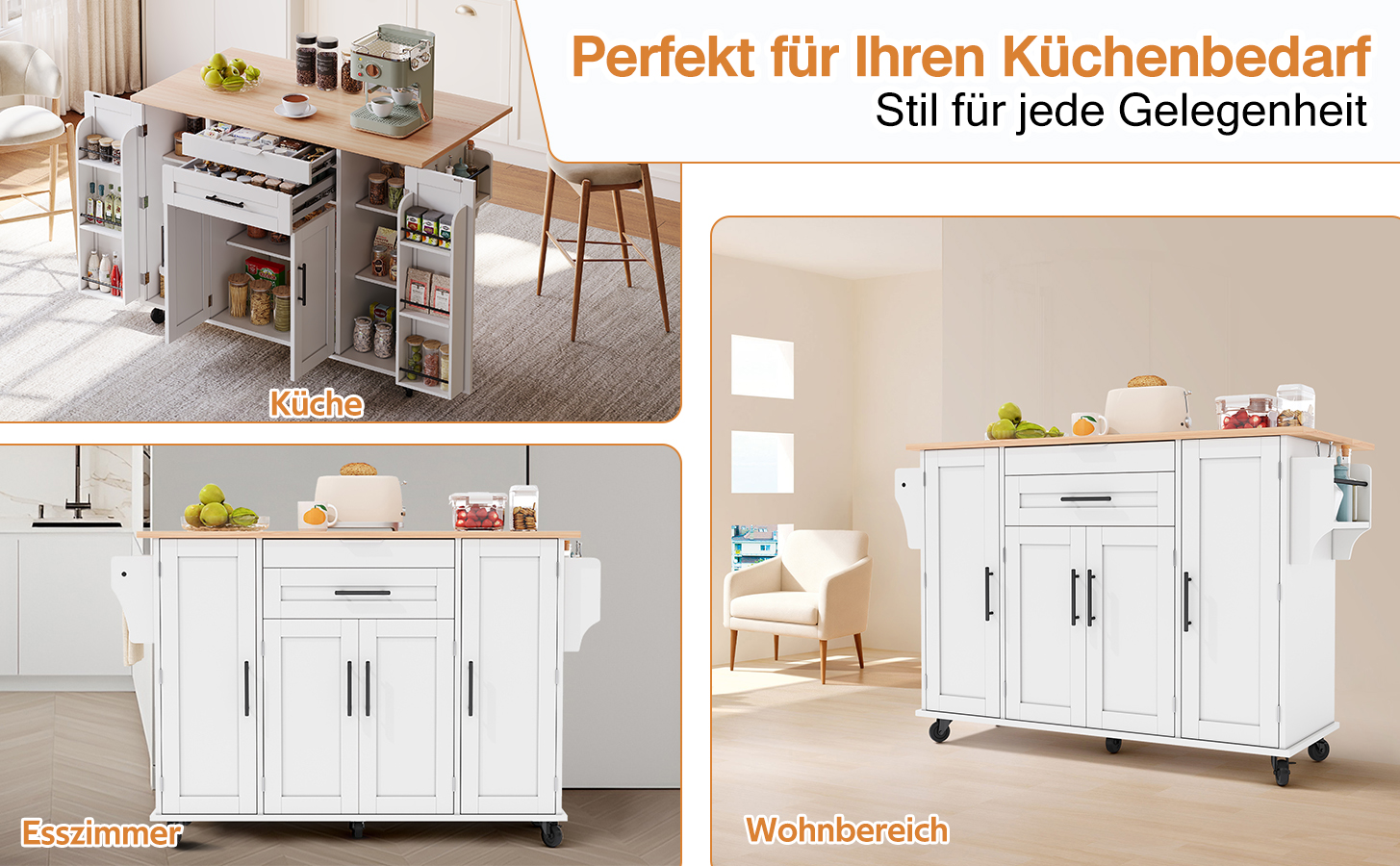 Mobile Kücheninsel mit ausklappbarer Arbeitsplatte