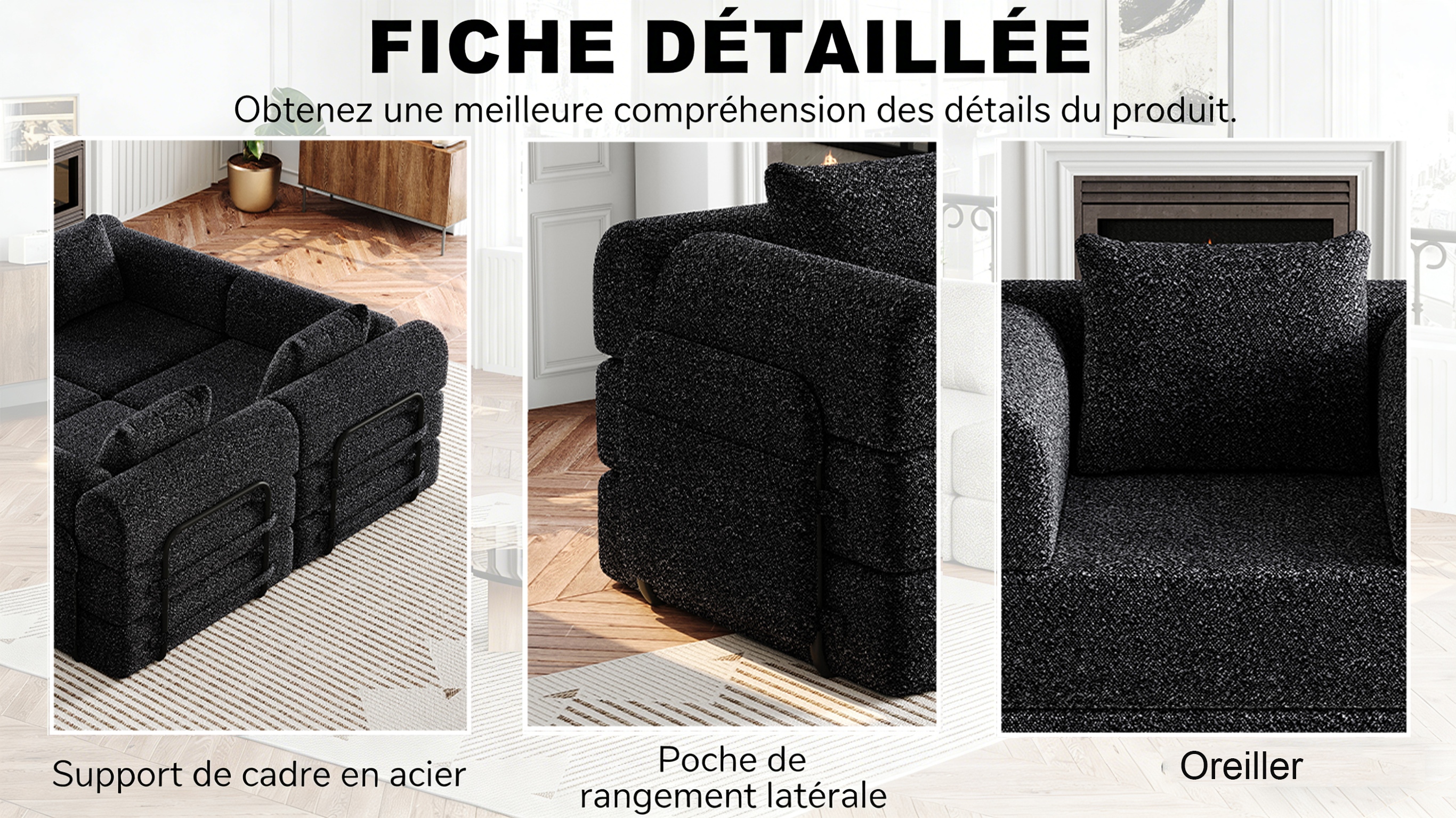Canapé cadre en acier 3 supports stabilité structurelle