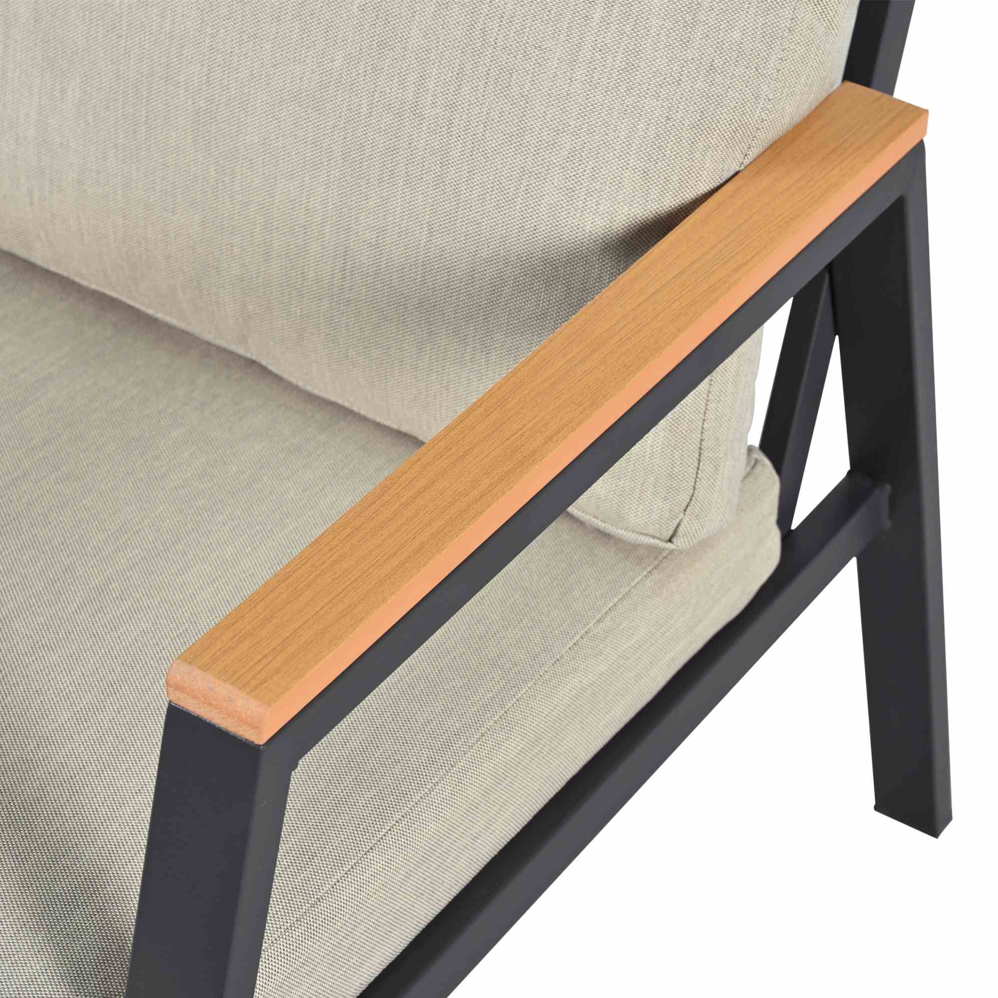 Détail du tissu gris du canapé de jardin 2 places