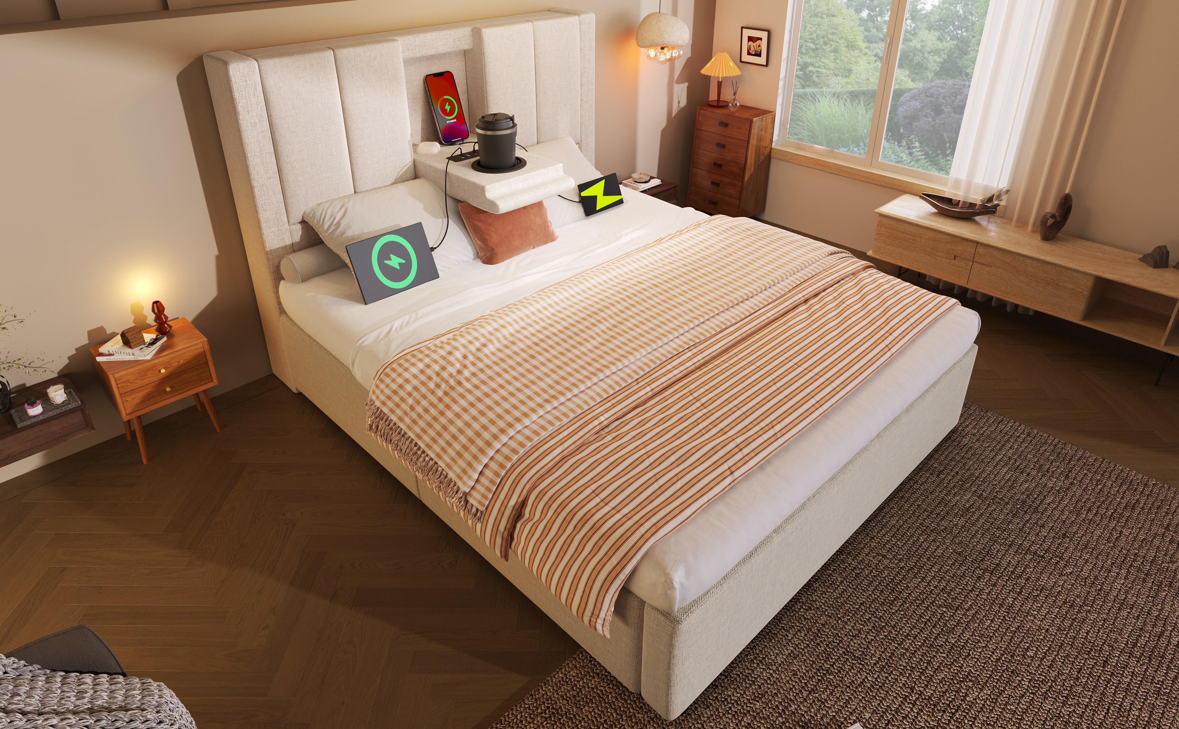 Détails de la station de recharge USB et Type-C du lit capitonné