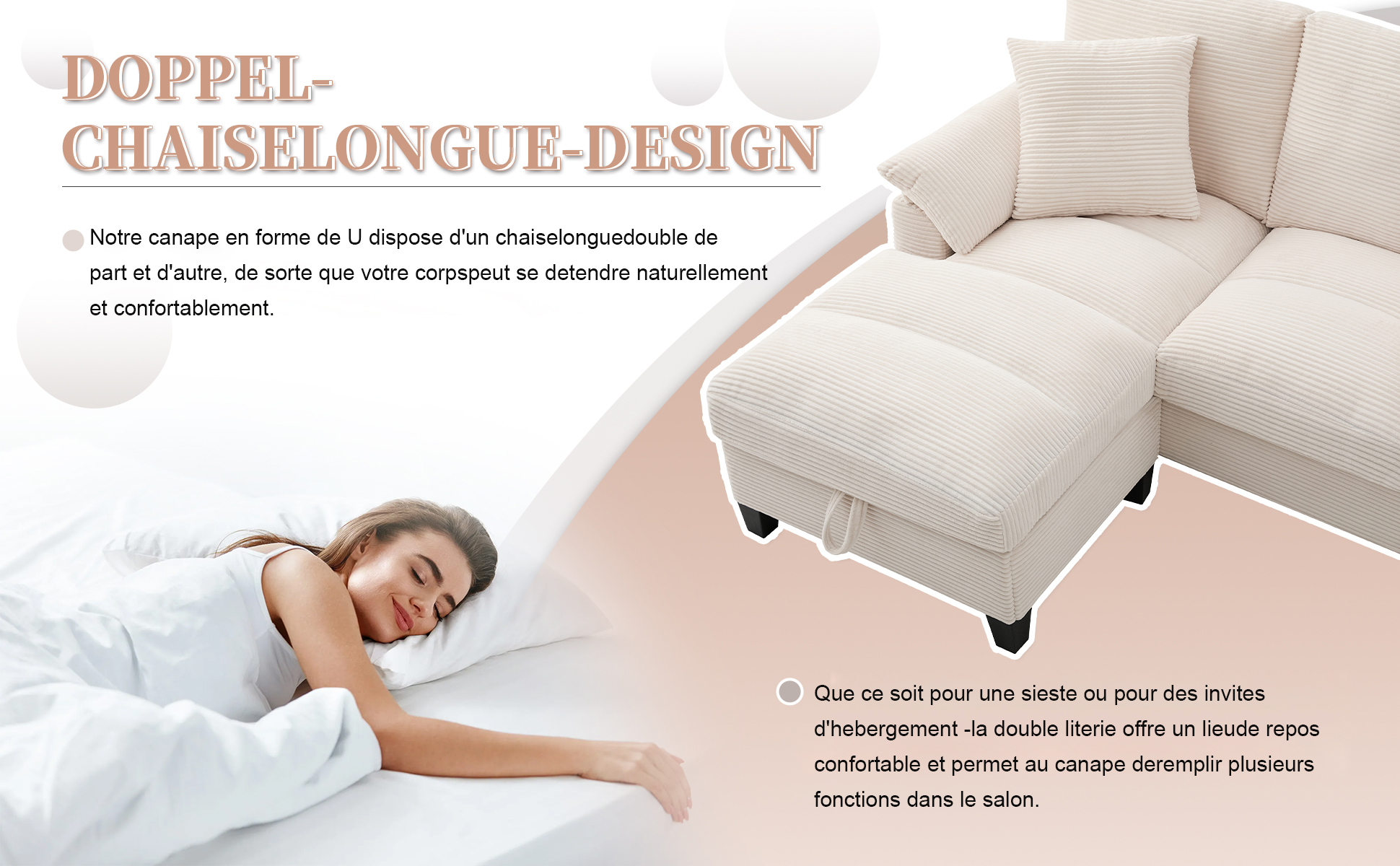 Canapé en velours côtelé avec ports USB et porte-gobelets