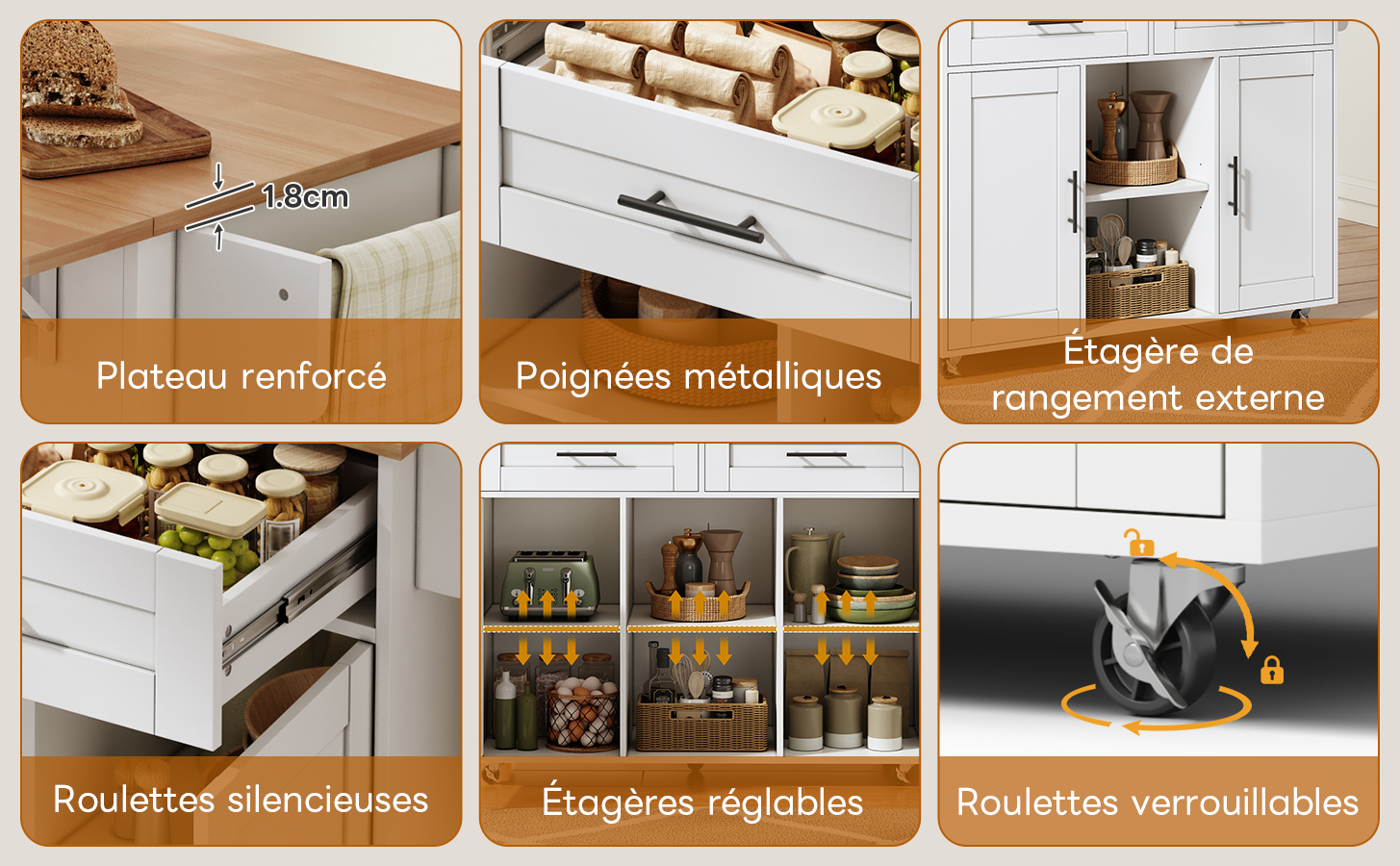 Chariot cuisine mobile avec roulettes verrouillables