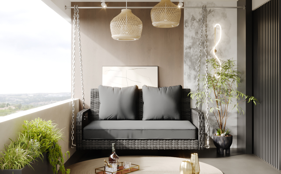 Balançoire extérieure rotin tressé mit coussins confortables
