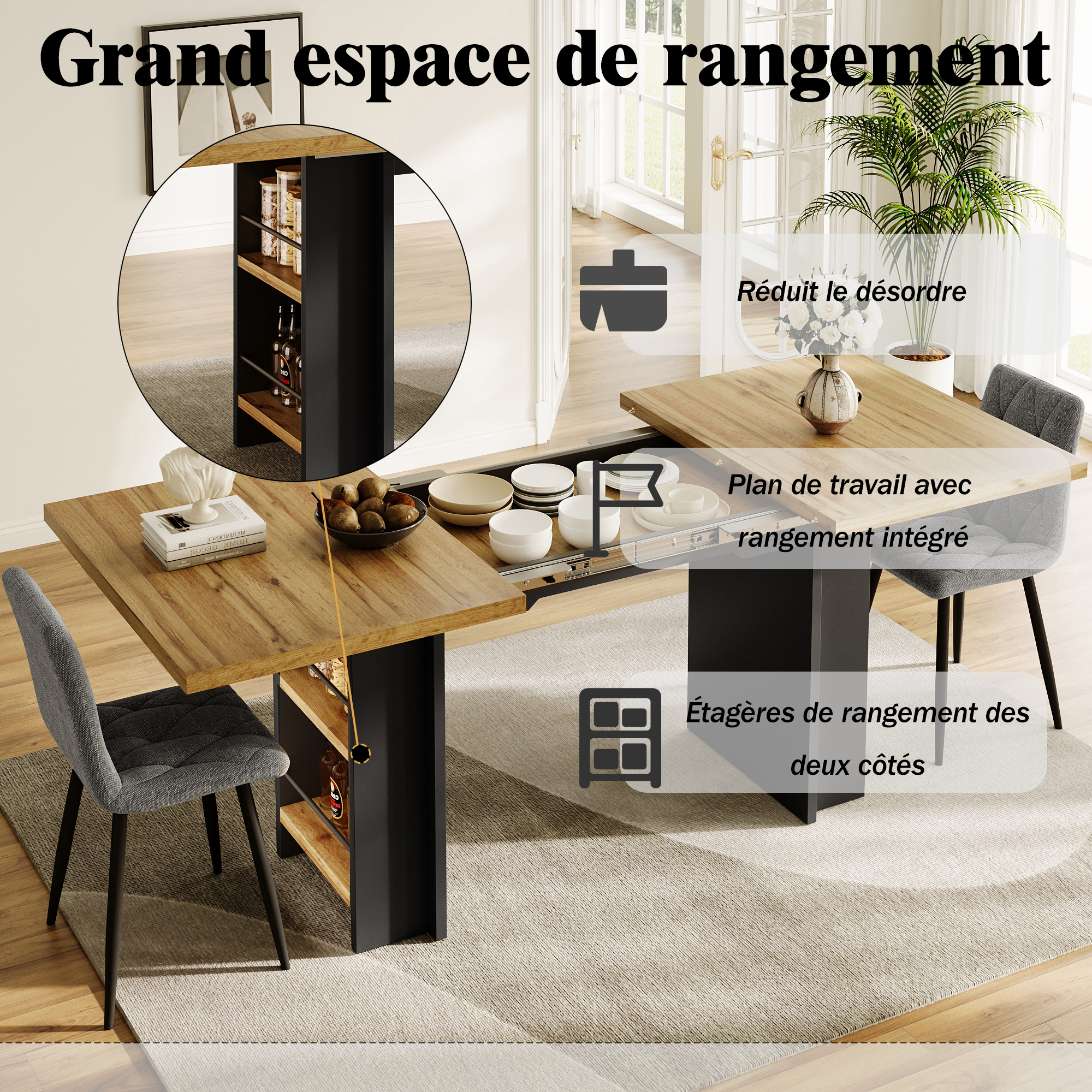 Table extensible avec étagères